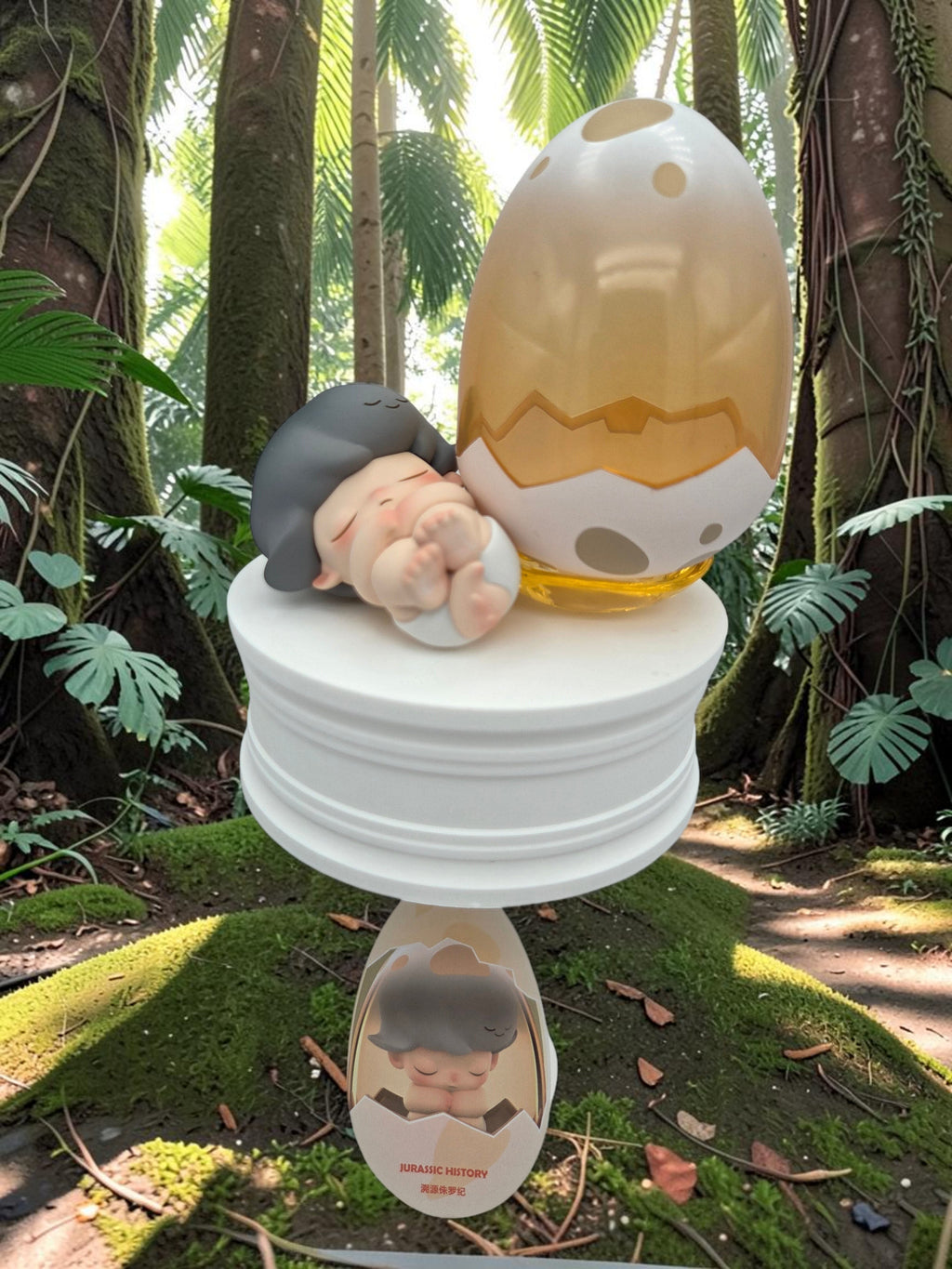 Momof2boyz Shop DIMOO Jurassic World collectible figure sleeping next to a large cracked dinosaur egg on a pedestal