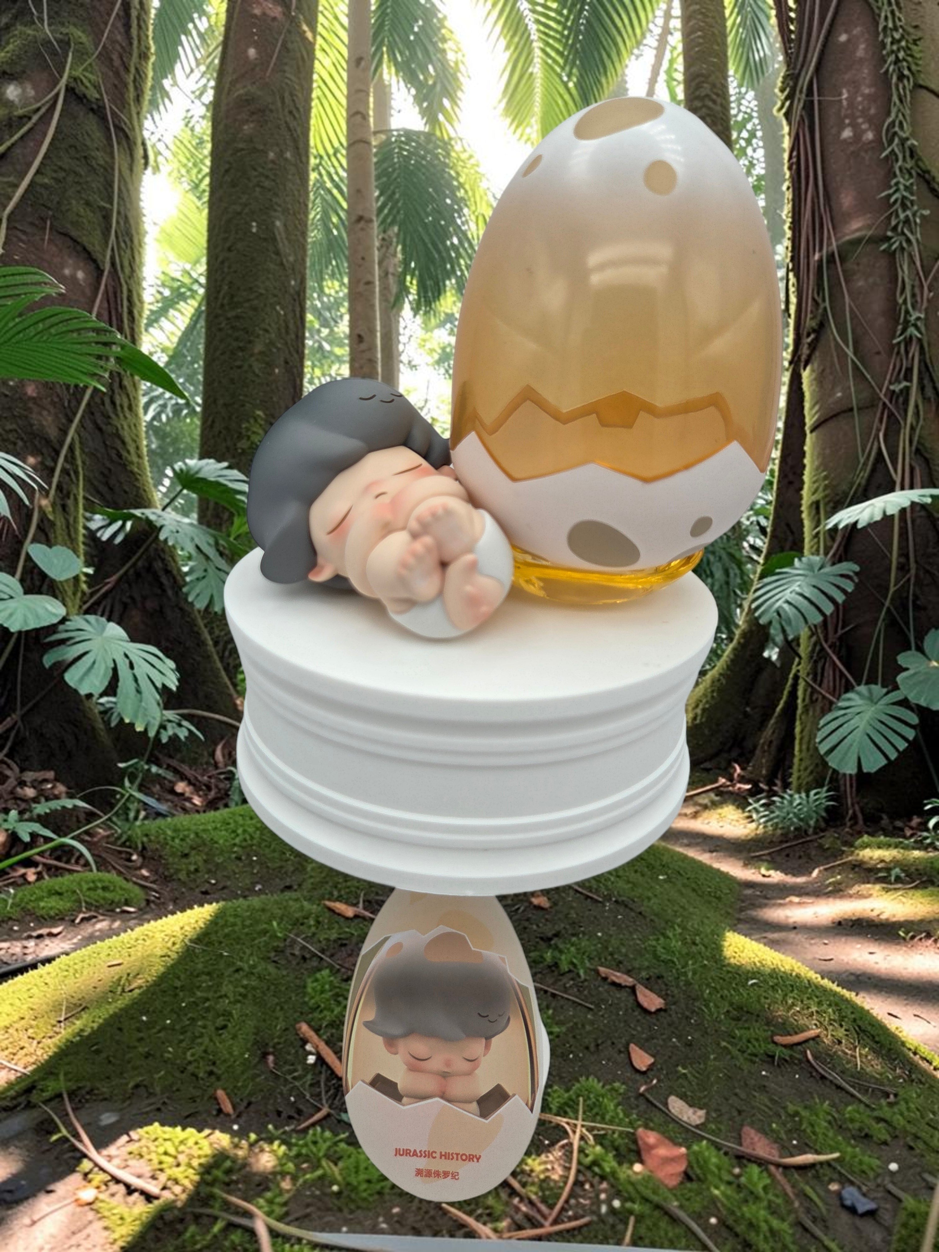 Momof2boyz Shop DIMOO Jurassic World collectible figure sleeping next to a large cracked dinosaur egg on a pedestal