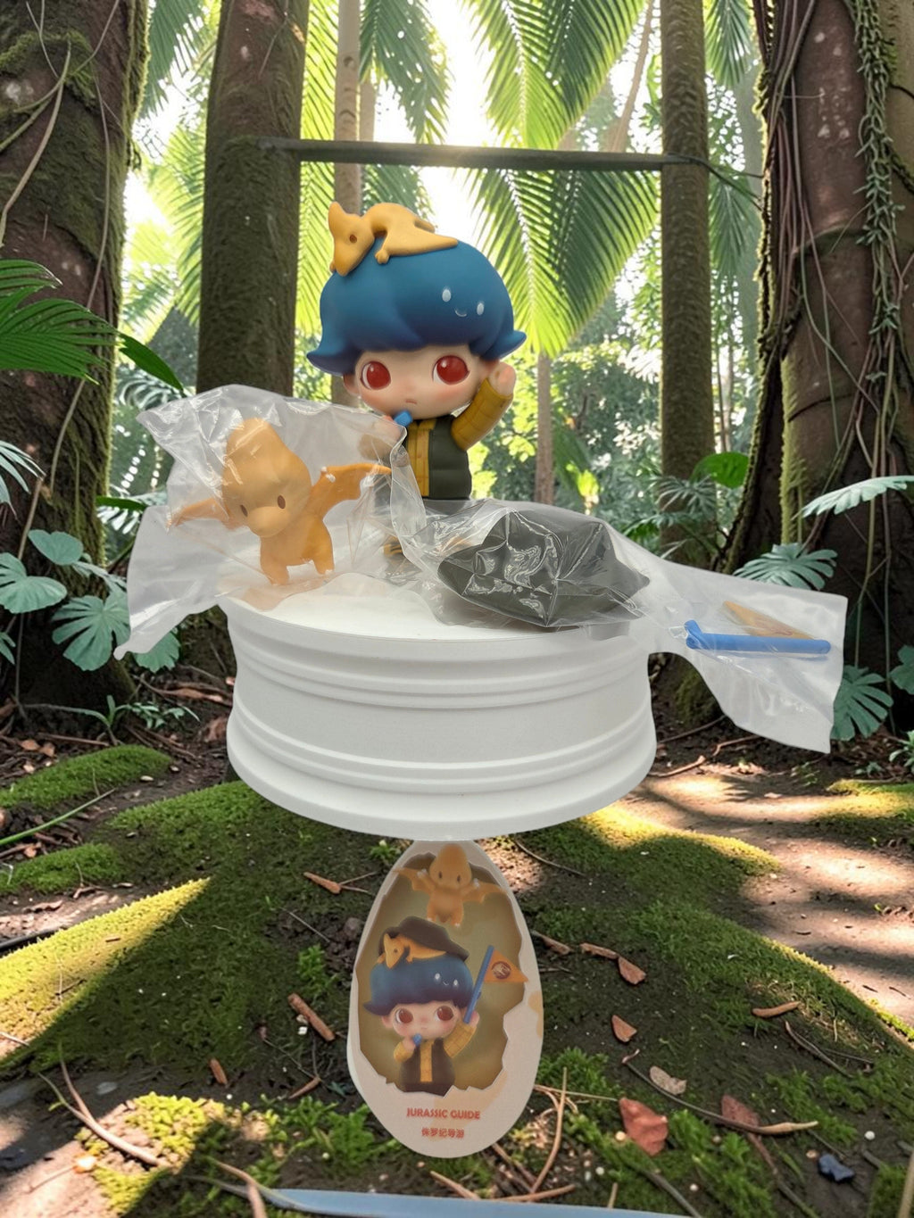 Momof2boyz Shop POP MART DIMOO Jurassic Guide figure with blue hair and dinosaur companion in a lush forest setting