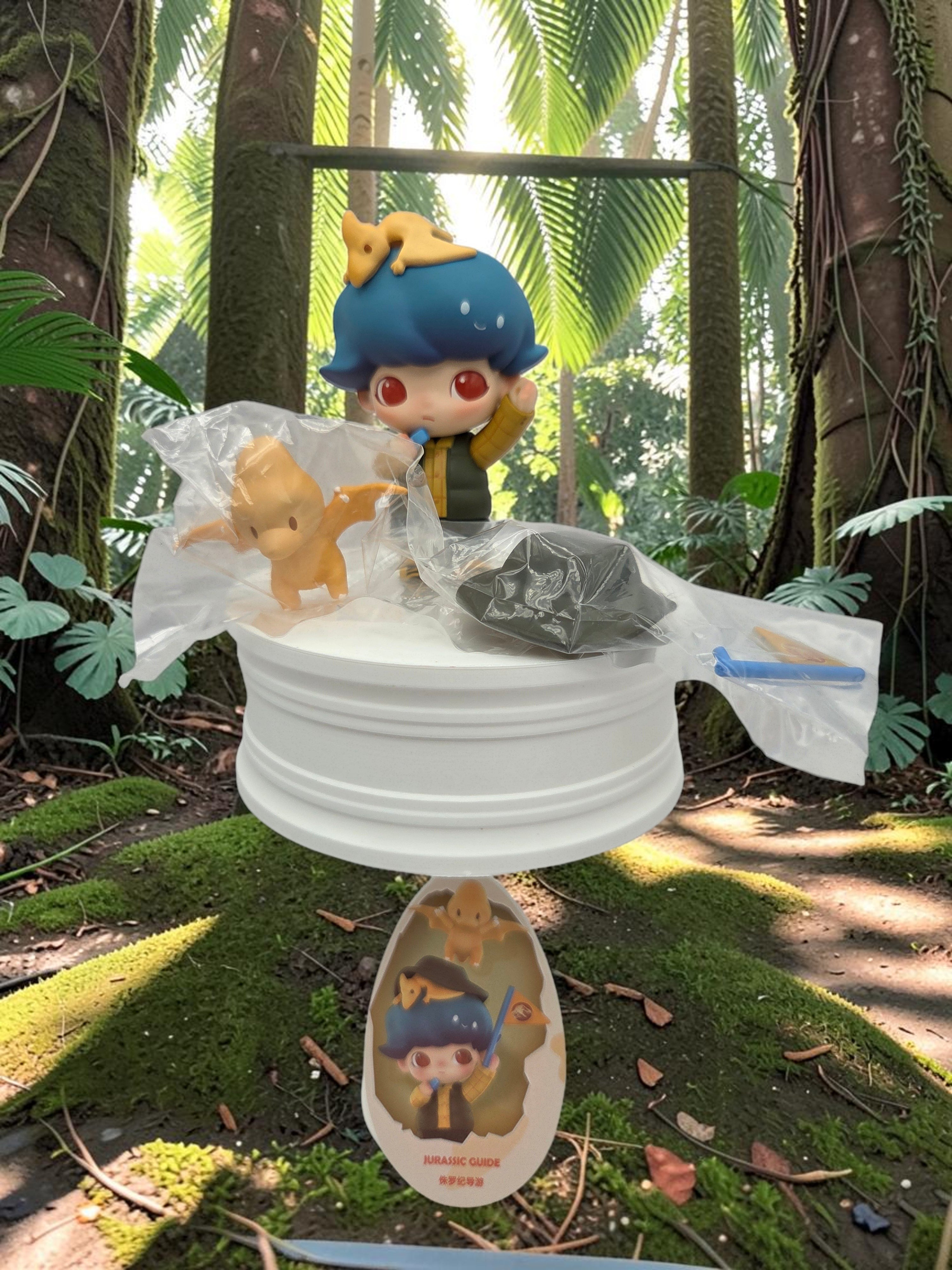 Momof2boyz Shop POP MART DIMOO Jurassic Guide figure with blue hair and dinosaur companion in a lush forest setting