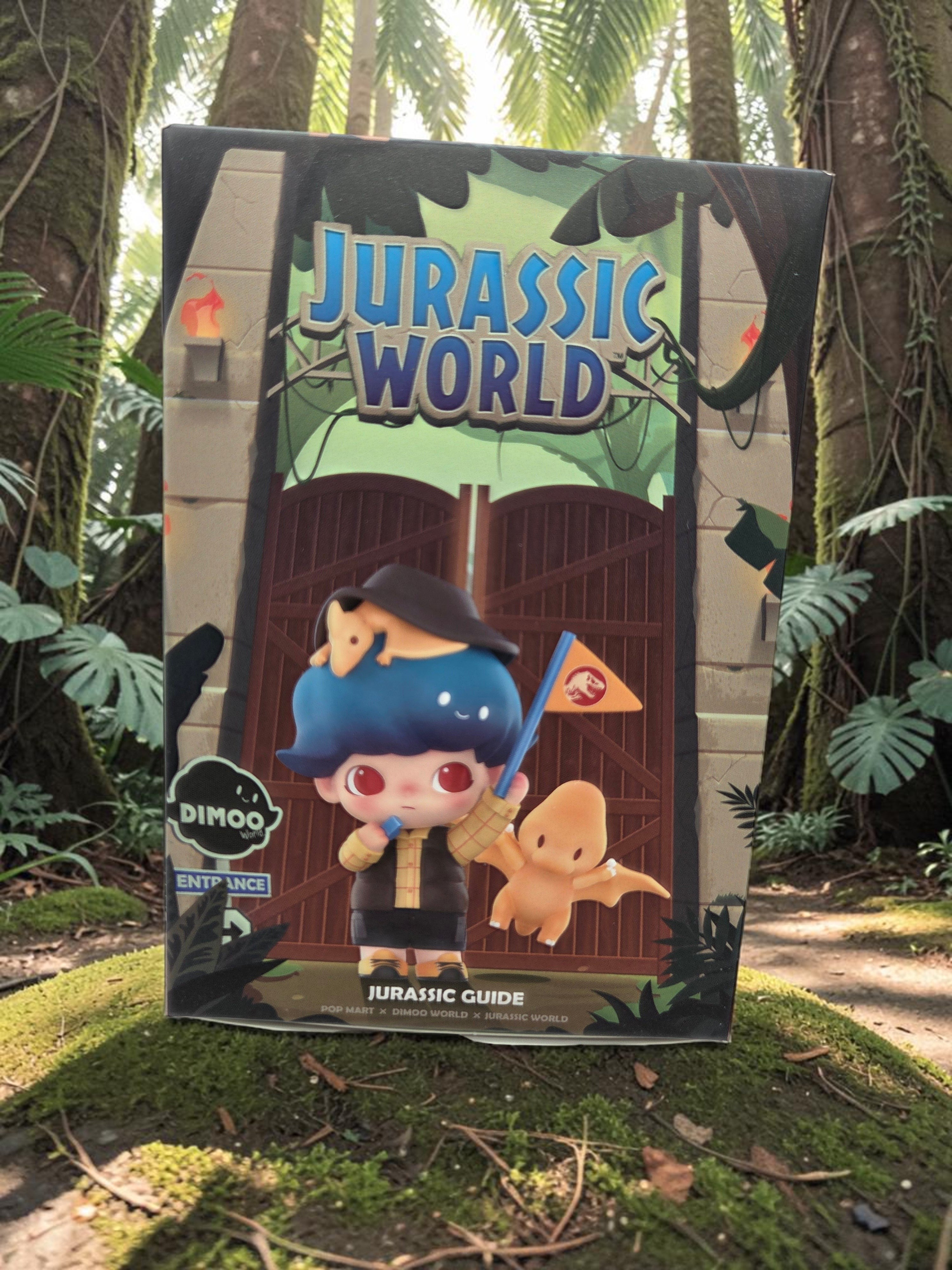 Momof2boyz Shop POP MART DIMOO Jurassic Guide figure in a box featuring a dinosaur park gate design.