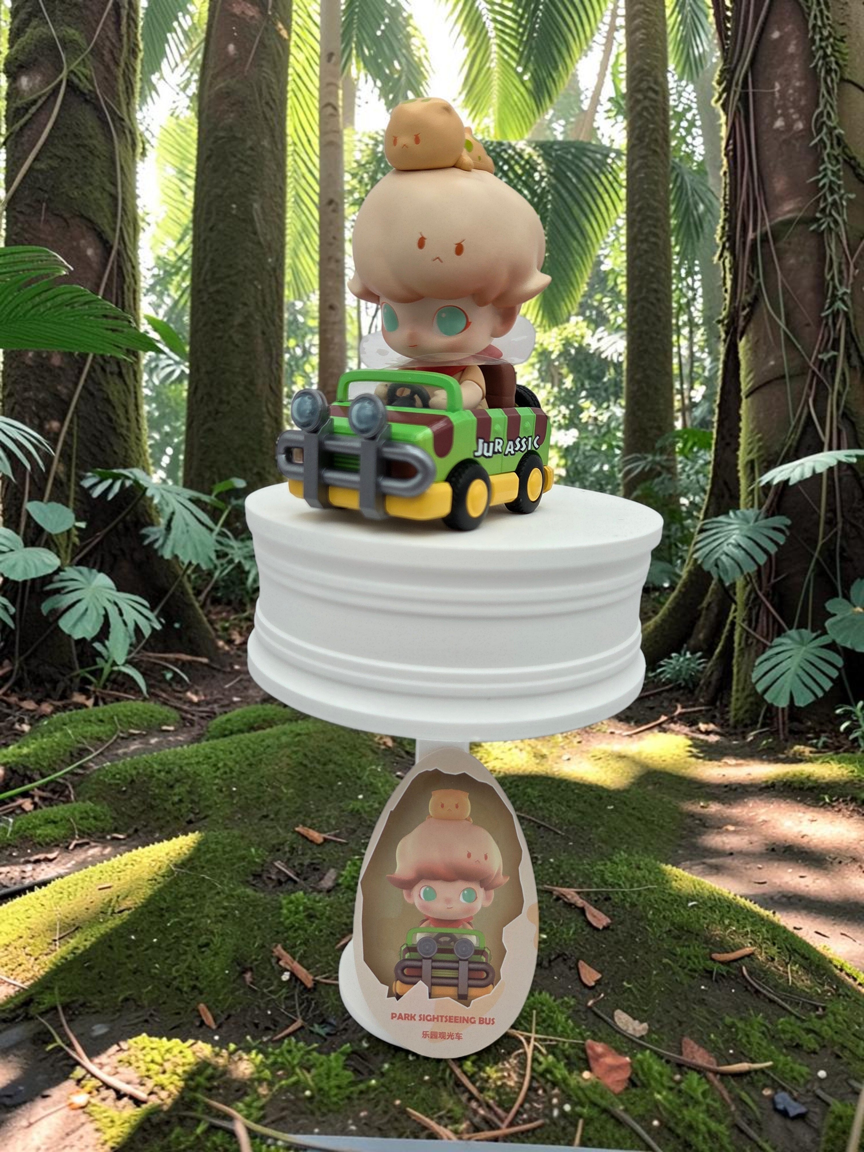 Momof2boyz Shop DIMOO Jurassic World Park Sightseeing Bus collectible figure on a white pedestal in a forest setting.