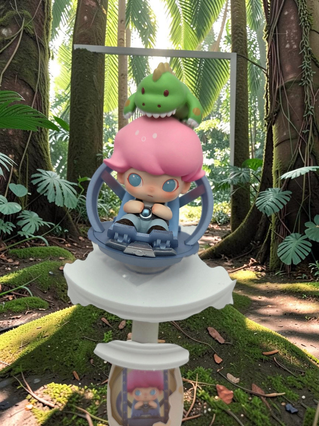Momof2boyz Shop POP MART DIMOO Jurassic World figure featuring a pink-haired character in a gyrosphere with a dinosaur