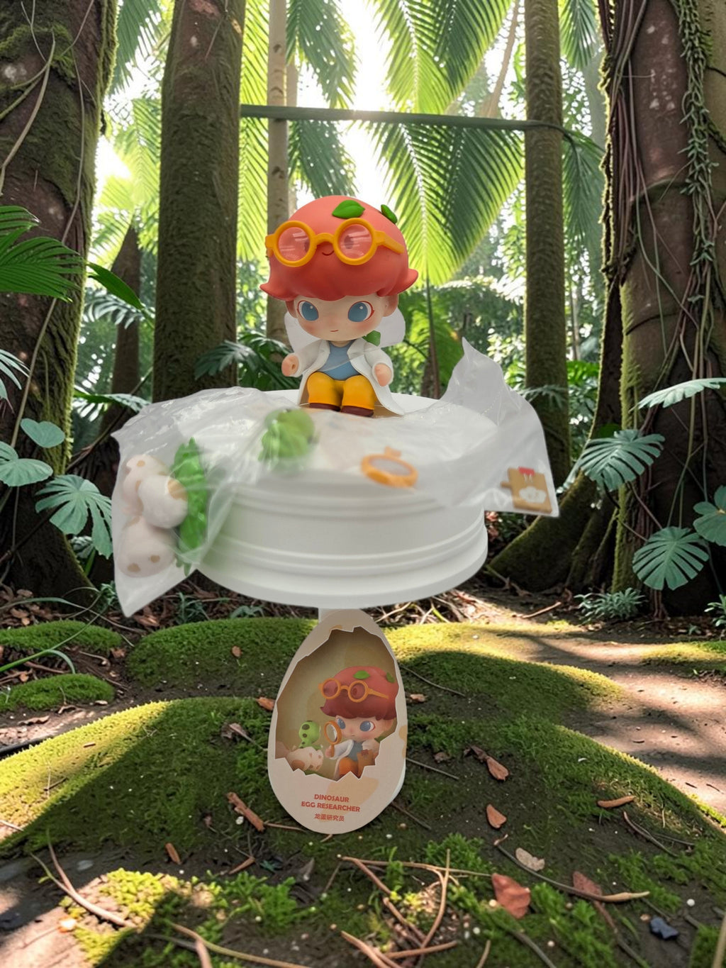 Momof2boyz Shop POP MART DIMOO Jurassic World Dinosaur Egg Researcher figure with orange hair and glasses in a forest.