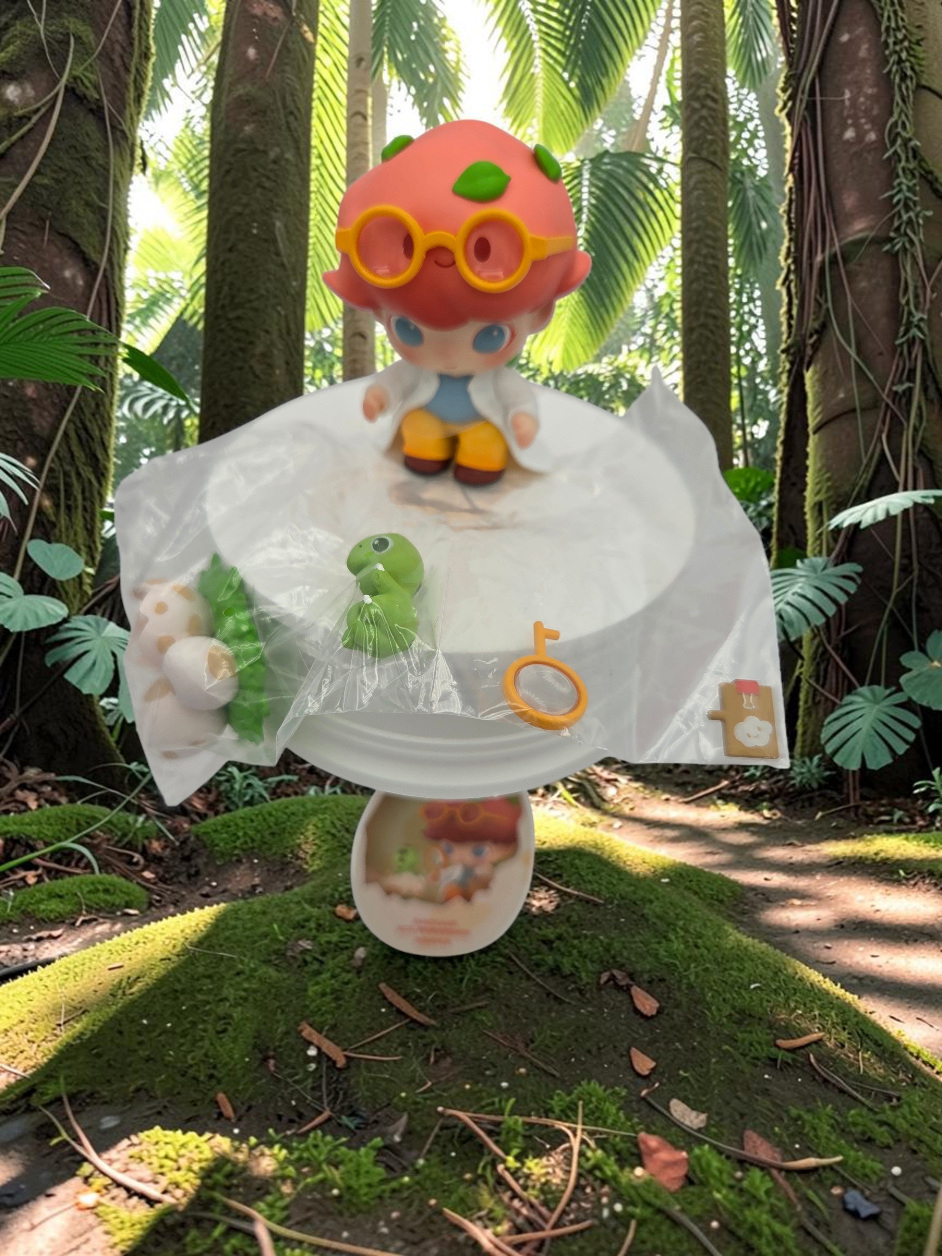 Momof2boyz Shop DIMOO Jurassic World collectible figure with accessories on a white stand in a lush jungle setting.