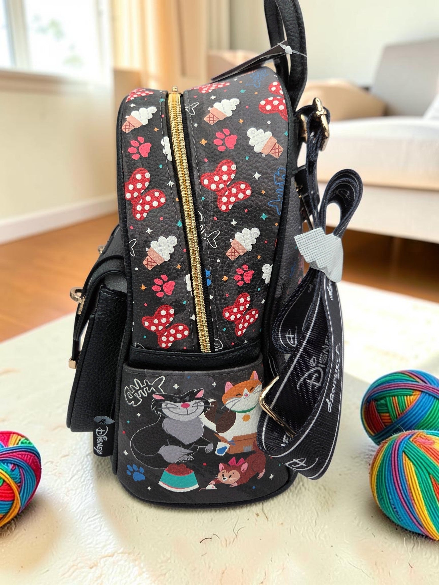 Momof2boyz Shop Disney cat themed mini backpack in black vegan leather with colorful character print and gold hardware