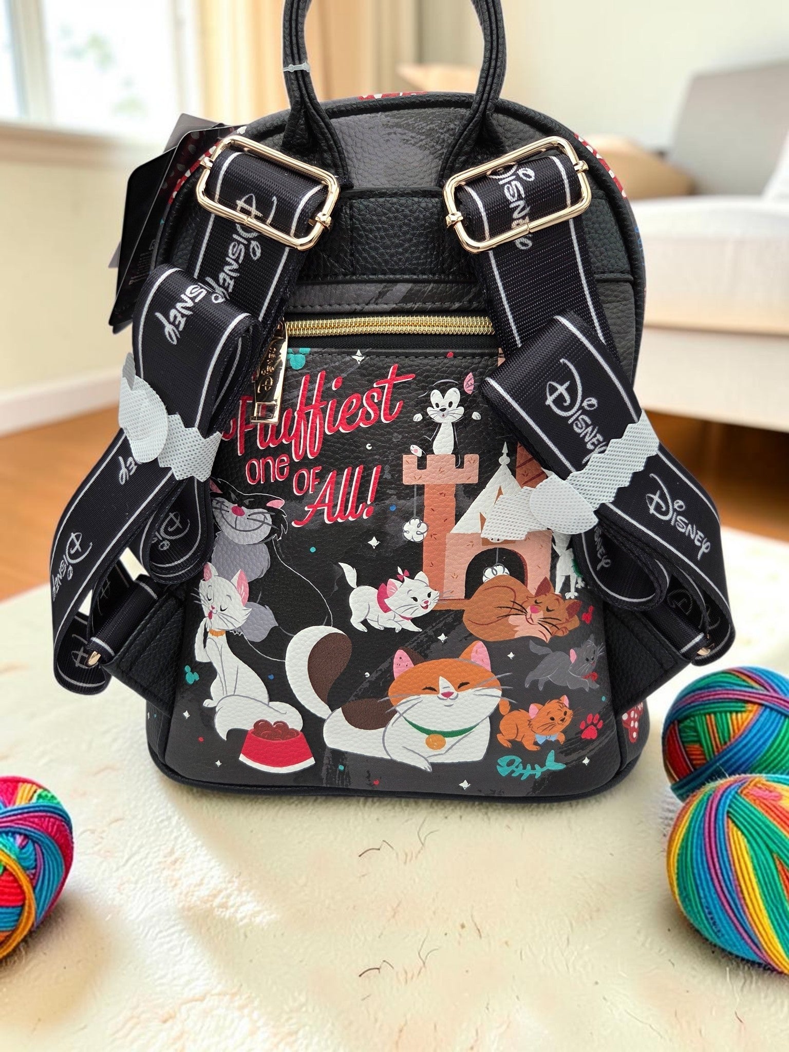 Momof2boyz Shop Disney cat themed vegan leather mini backpack with all-over character print and gold-tone hardware