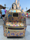 Momof2boyz Shop metallic gold Disney Parks Loungefly mini backpack with Mickey, Minnie, and castle print