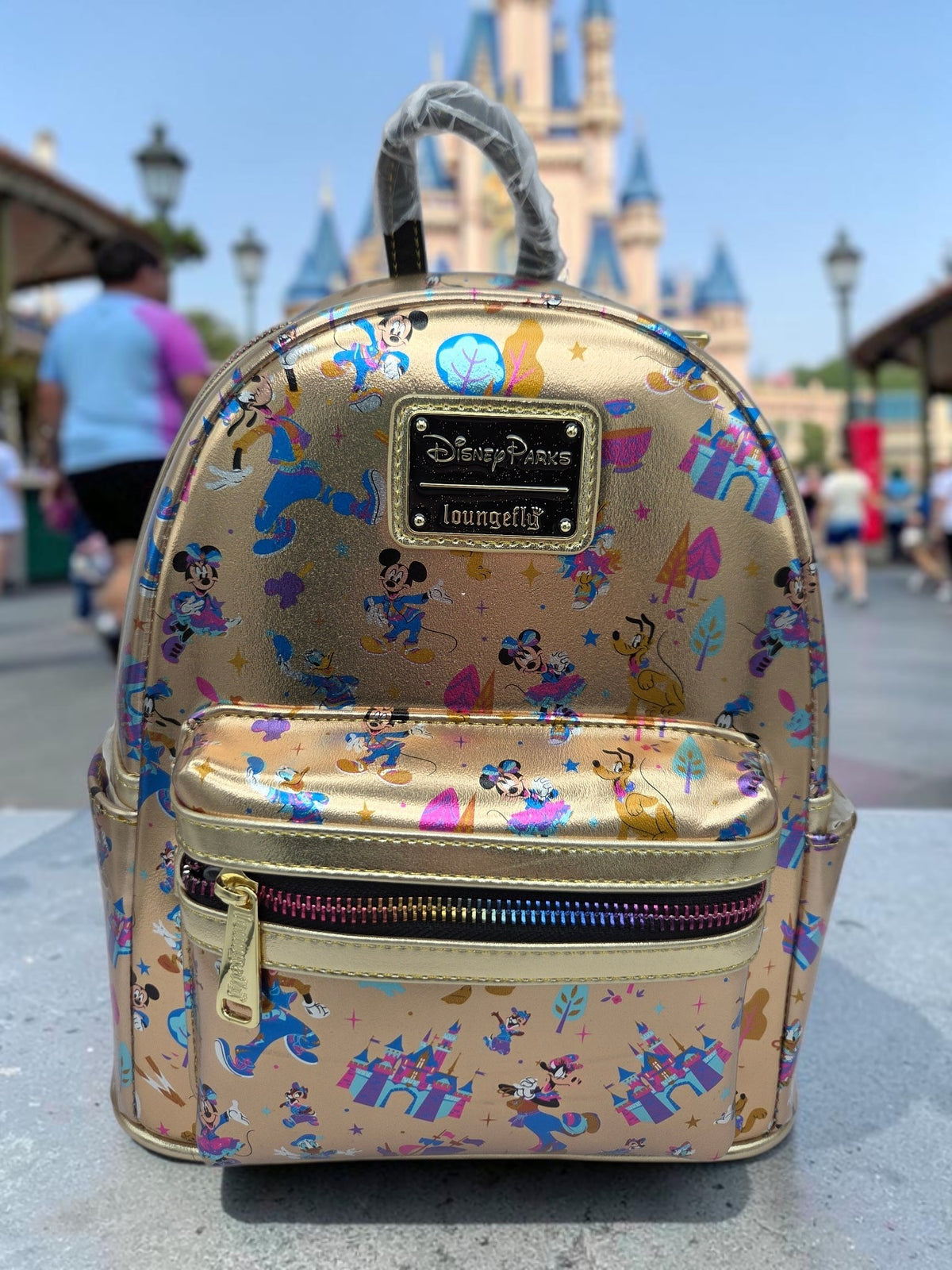 Momof2boyz Shop metallic gold Disney Parks Loungefly mini backpack with Mickey, Minnie, and castle print