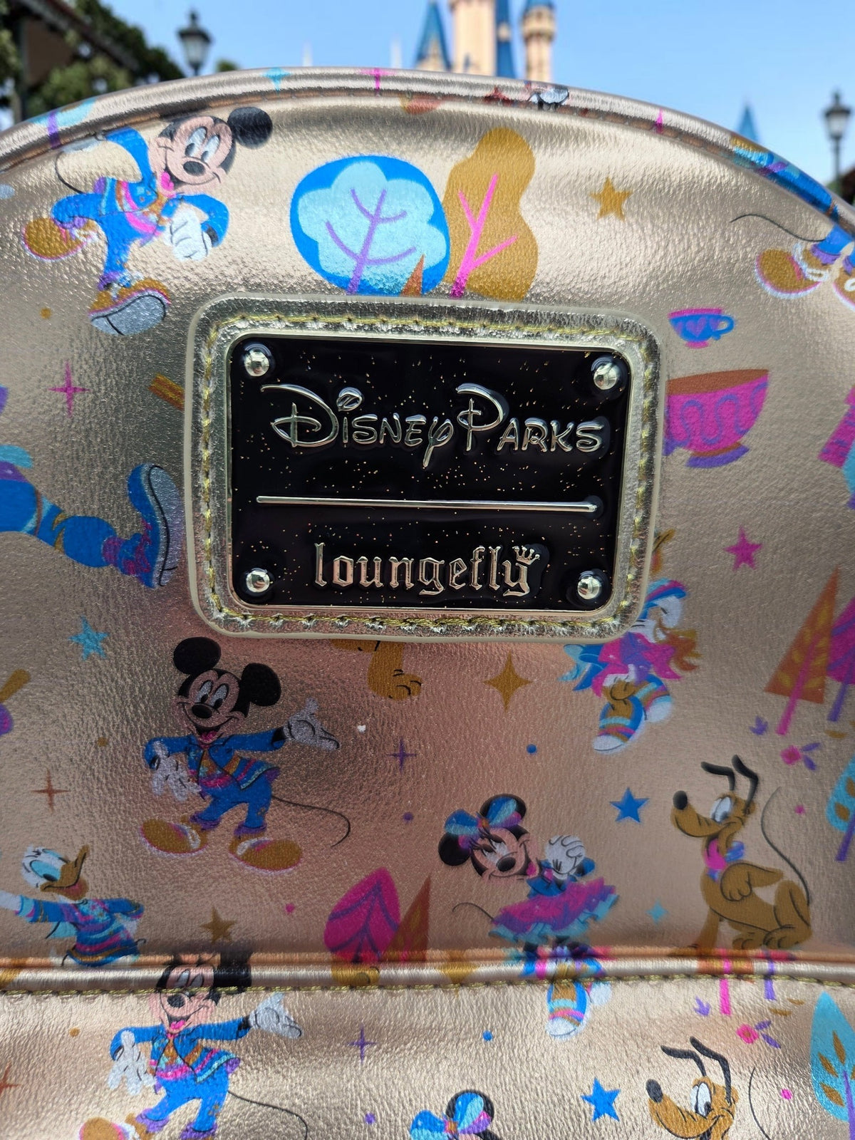 Momof2boyz Shop Disney Parks Loungefly mini backpack in metallic gold with Mickey and friends all-over print
