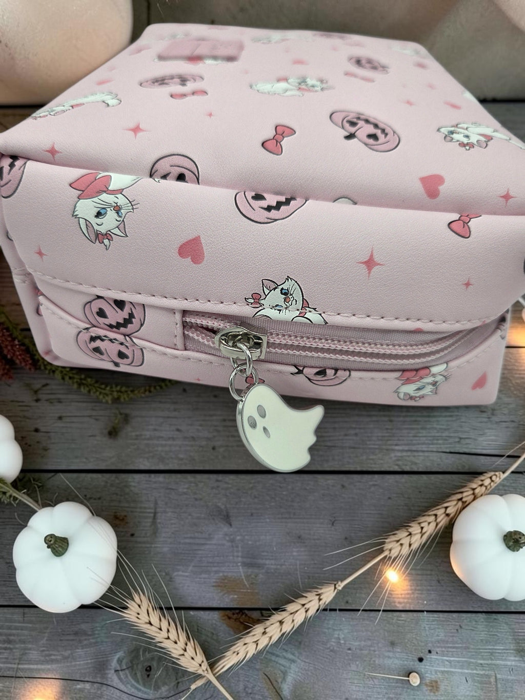 Momof2boyz Shop pastel pink Disney Marie Halloween cosmetic pouch with pumpkin print and ghost zipper charm