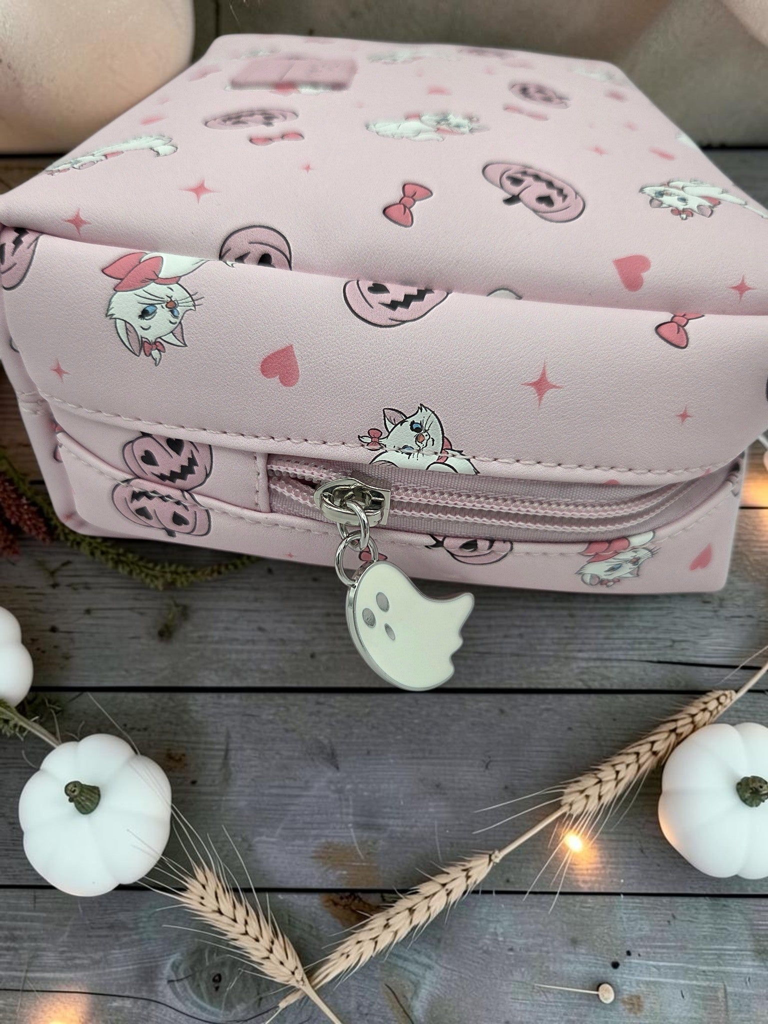 Momof2boyz Shop pastel pink Disney Marie Halloween cosmetic pouch with pumpkin print and ghost zipper charm