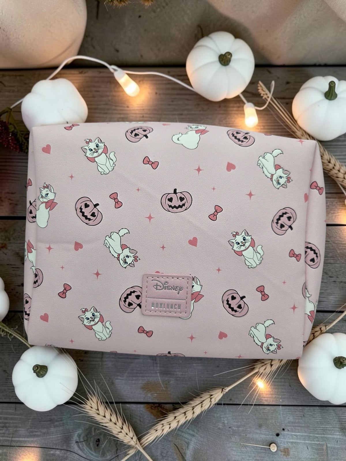 Momof2boyz Shop pastel pink Disney Marie Halloween cosmetic pouch with pumpkin and cat print on a rustic background.