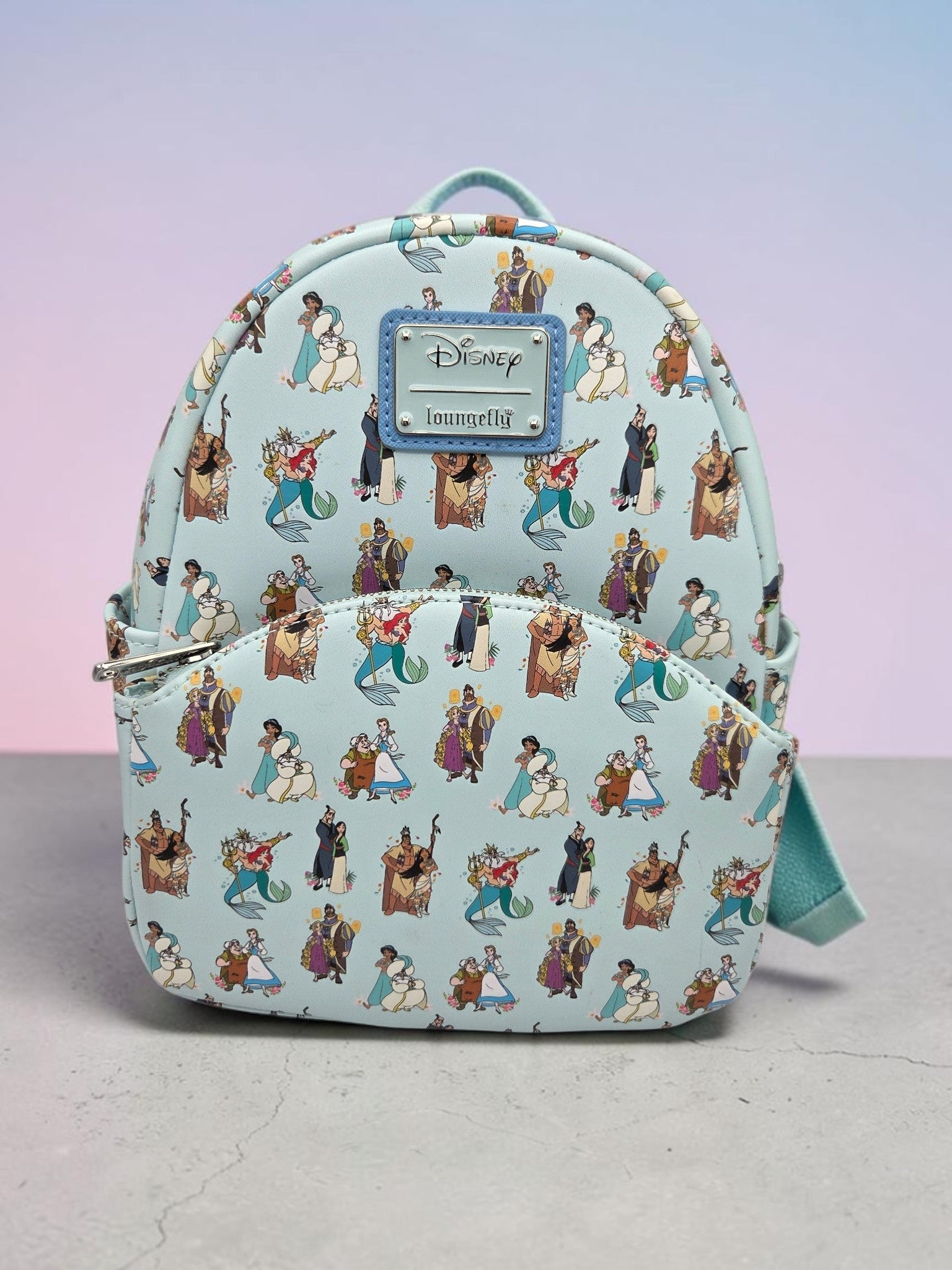 Momof2boyz Shop Disney Princesses with Dads vegan leather mini backpack in pastel blue with iconic character print.
