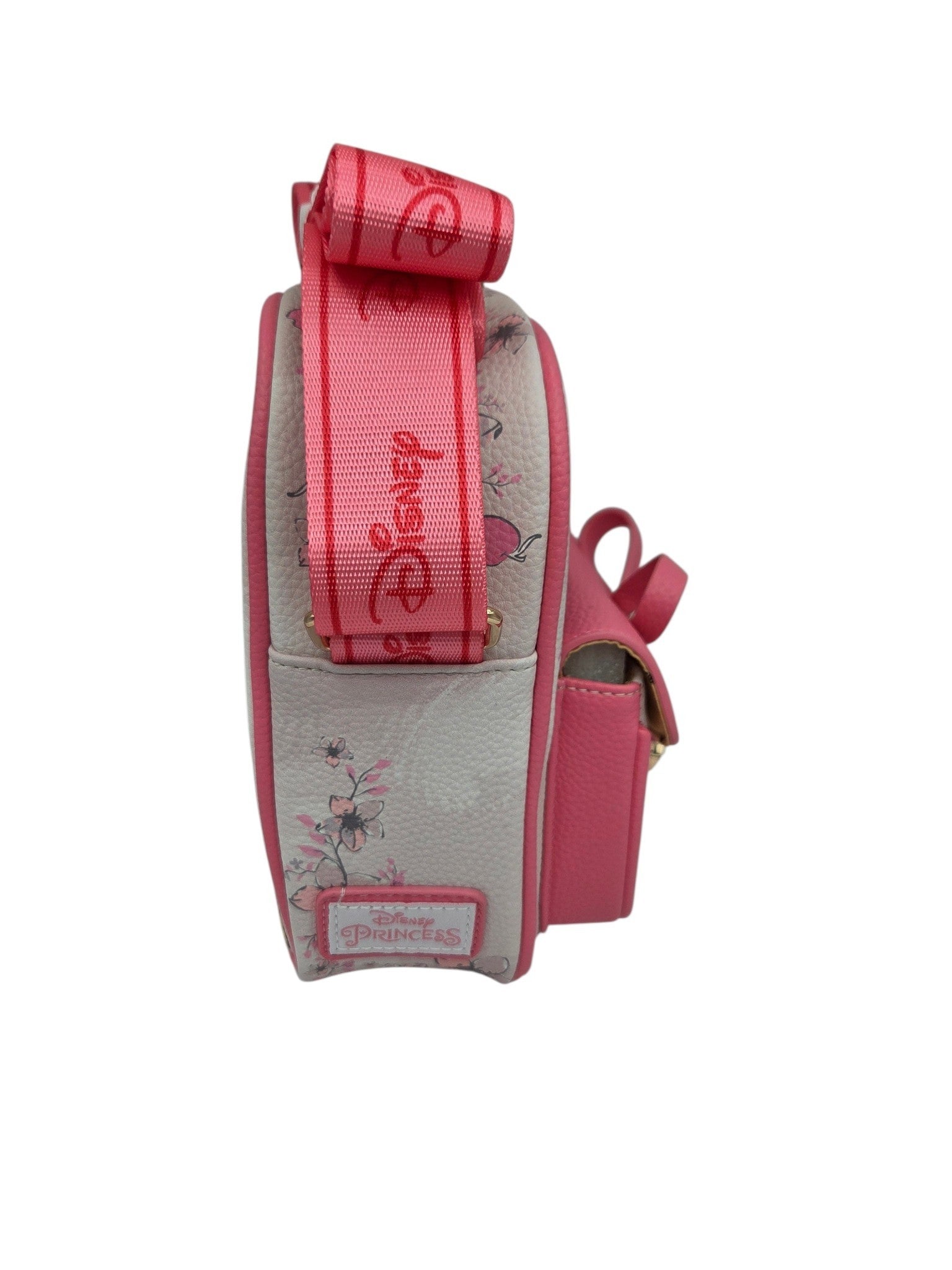 Momof2boyz Shop Disney Princess crossbody bag with pink strap, floral Snow White print, and vegan leather finish.