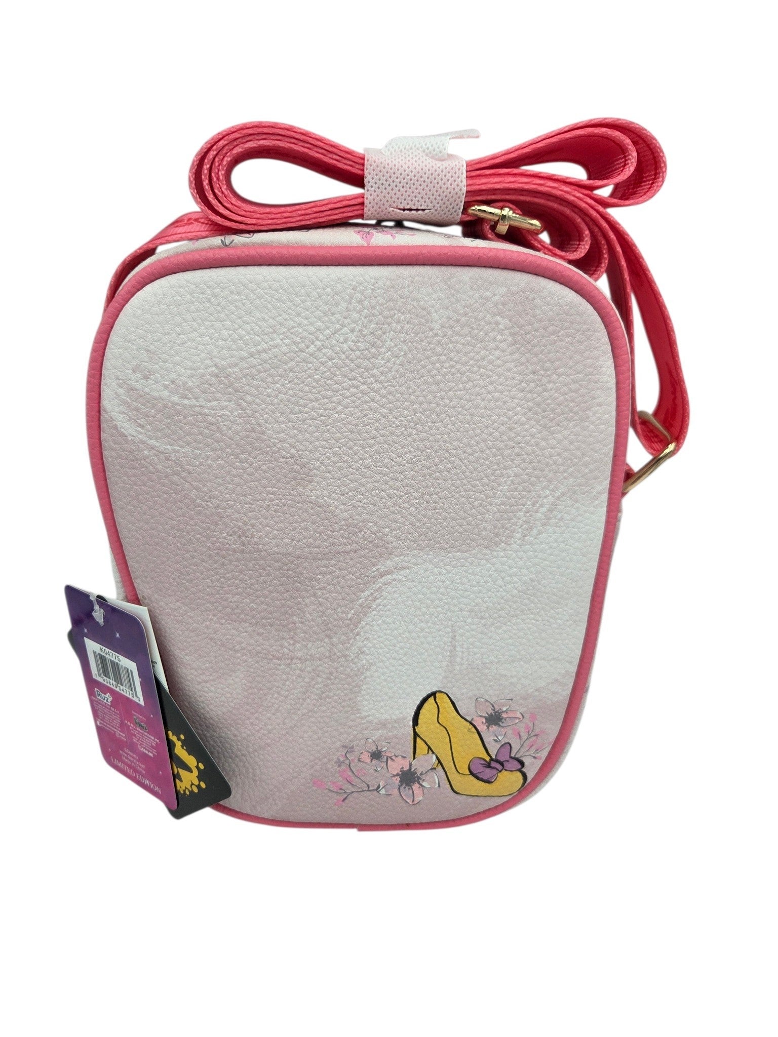 Momof2boyz Shop Disney Princess vegan leather crossbody bag featuring a Cinderella yellow slipper graphic and pink trim