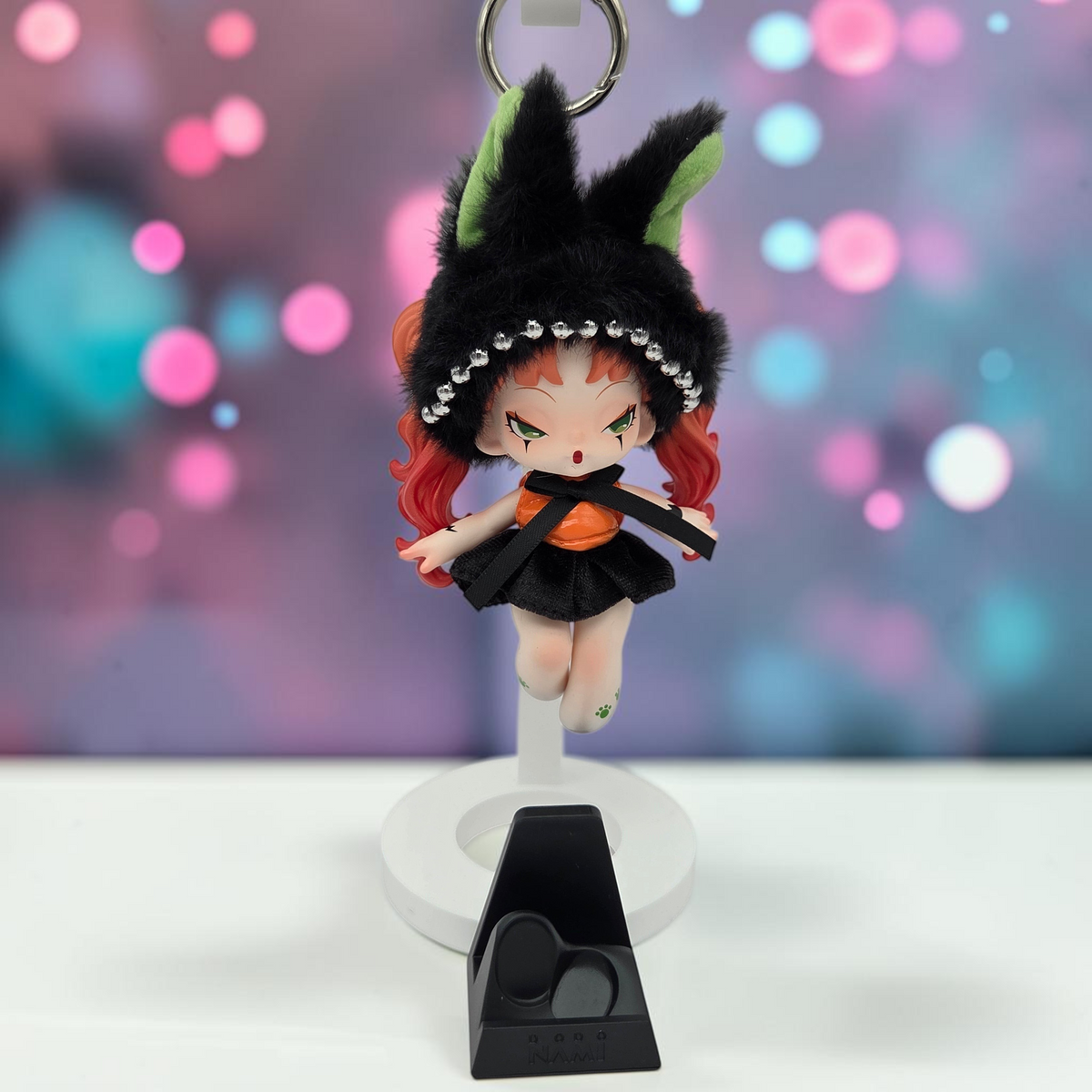 Momof2boyz Shop Dodo Nami Cheers Day collectible keychain figure with black bunny ears and orange dress