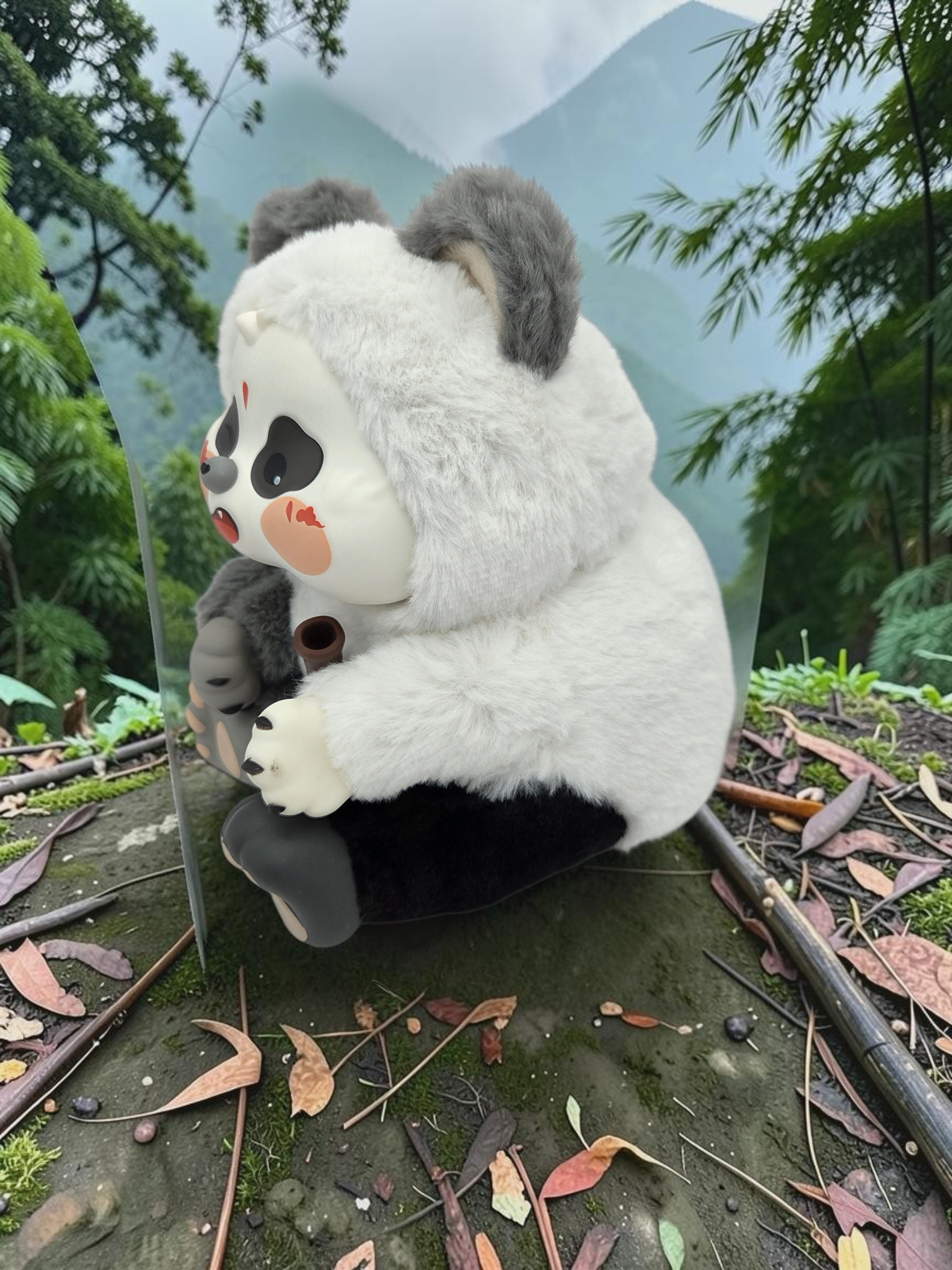 Momof2boyz Shop My Fat Wonder Panda collectible figure with plush white fur and expressive painted face in nature