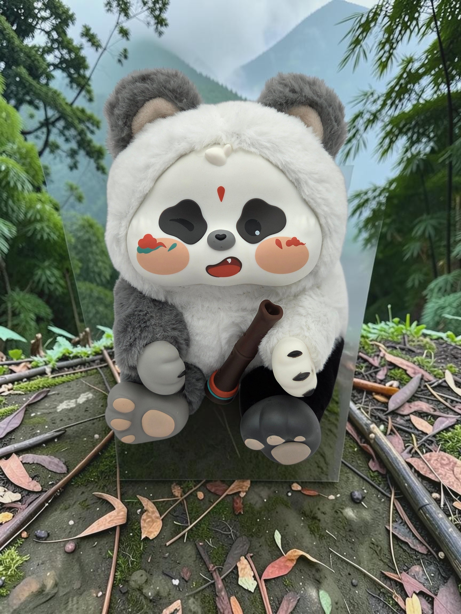 Momof2boyz Shop My Fat Wonder Panda collectible figure with plush hood, expressive face, and bamboo accessory.