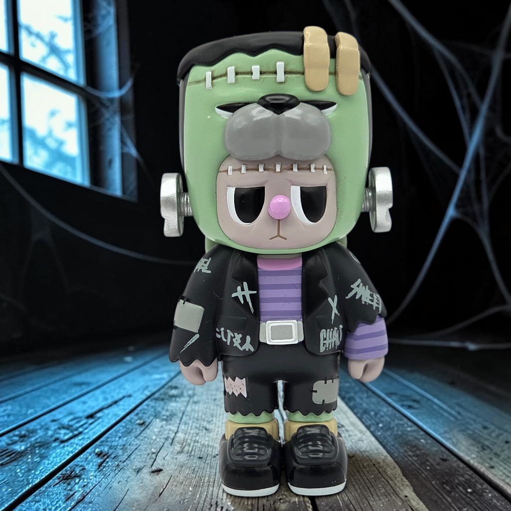 Momof2boyz Shop Chaosweet Rebel Bear monster vinyl figure styled as Frankenstein with street-wear jacket