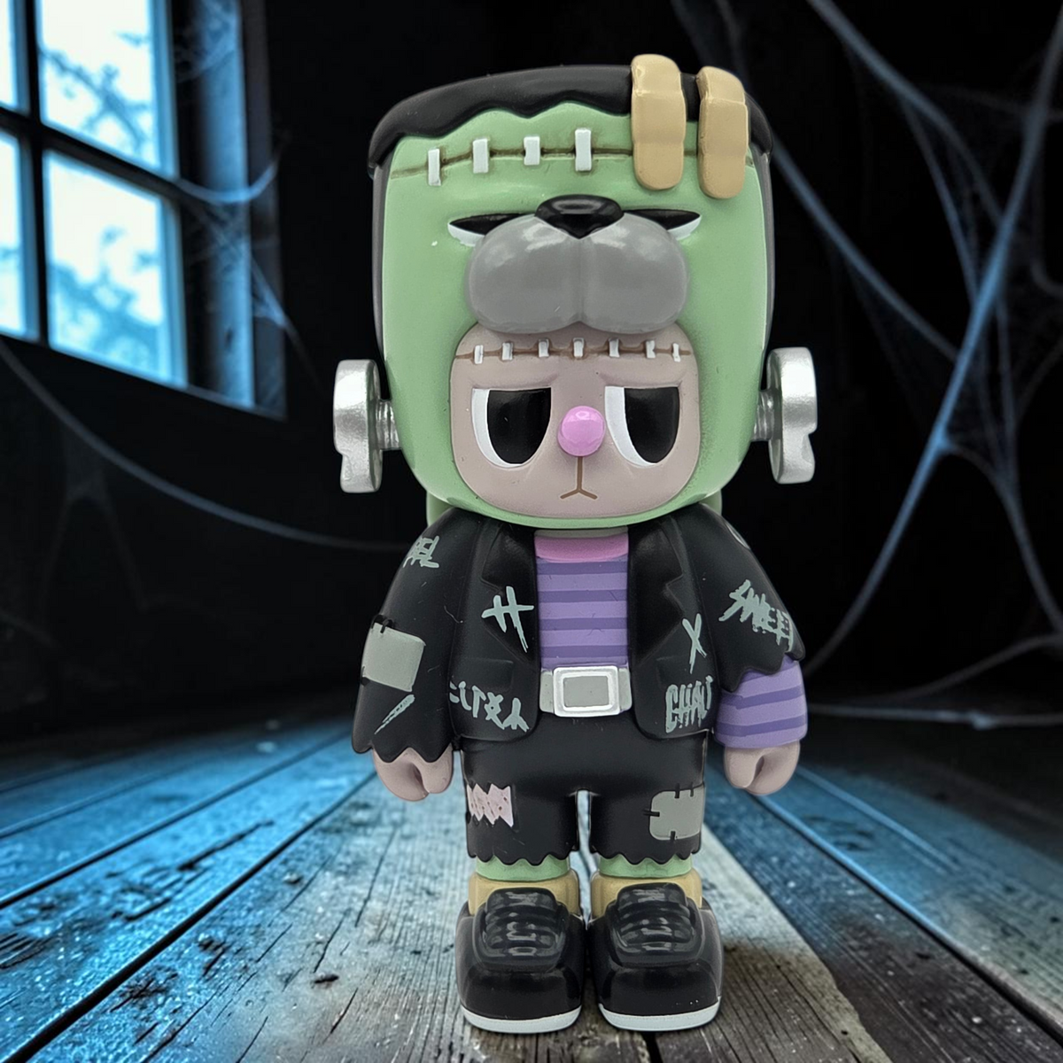 Momof2boyz Shop Chaosweet Rebel Bear monster vinyl figure styled as Frankenstein with street-wear jacket