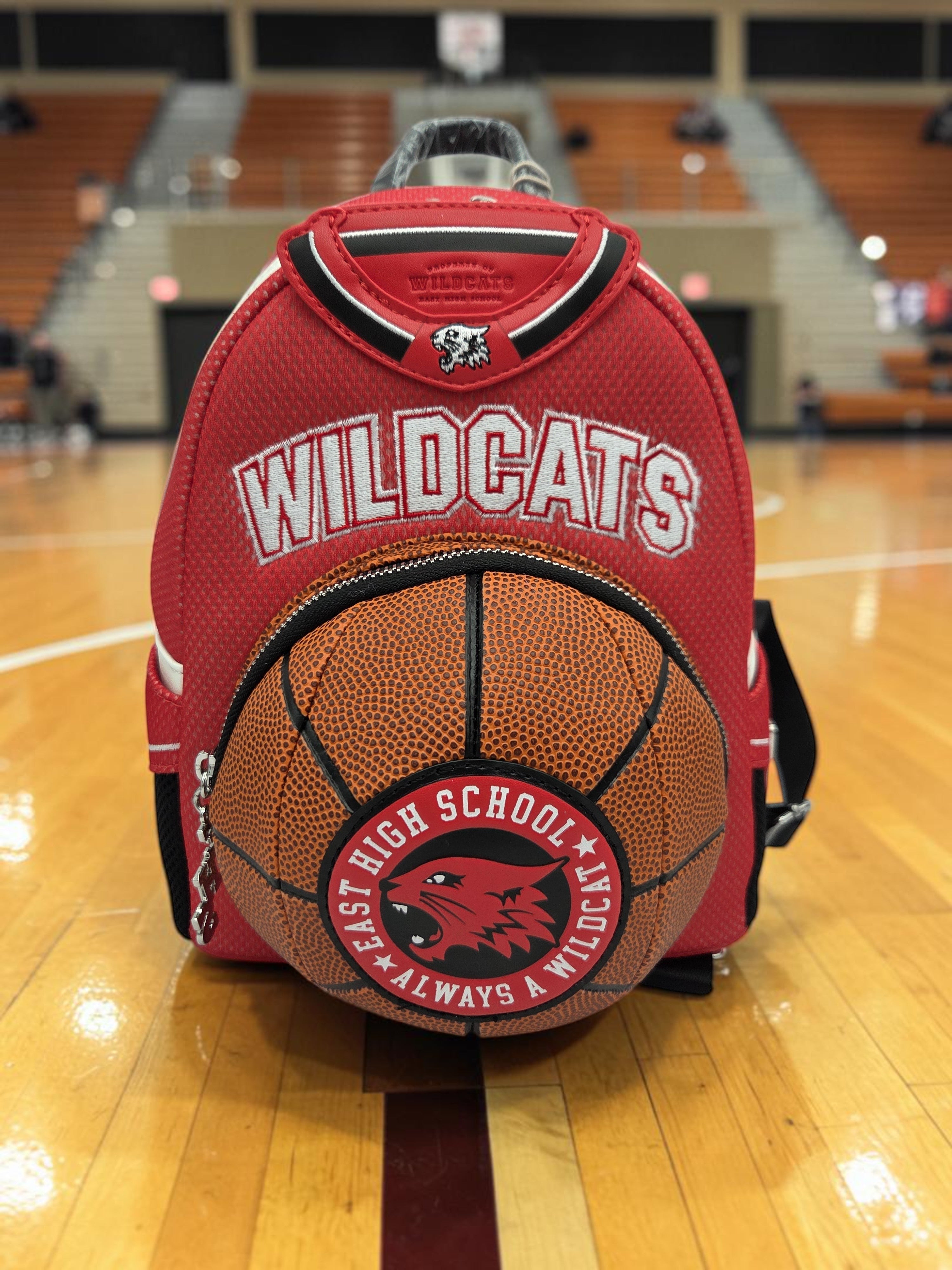 Momof2boyz Shop red High School Musical mini backpack with a basketball-shaped front pocket and Wildcats branding.