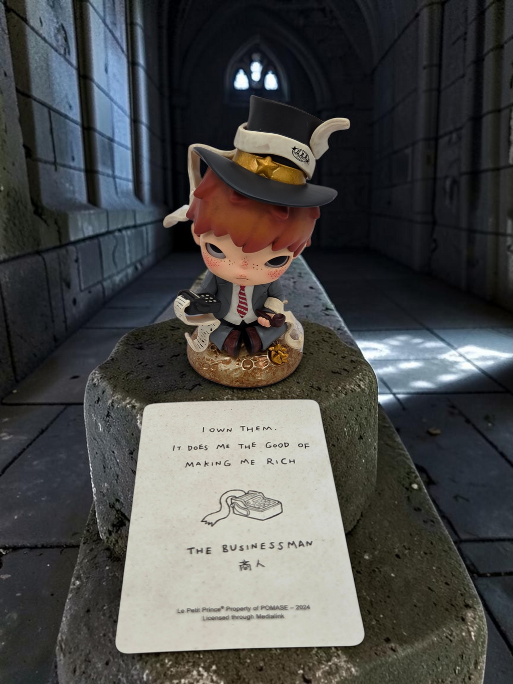 Momof2boyz Shop Hirono Le Petit Prince The Businessman figure with character card on a stone pedestal