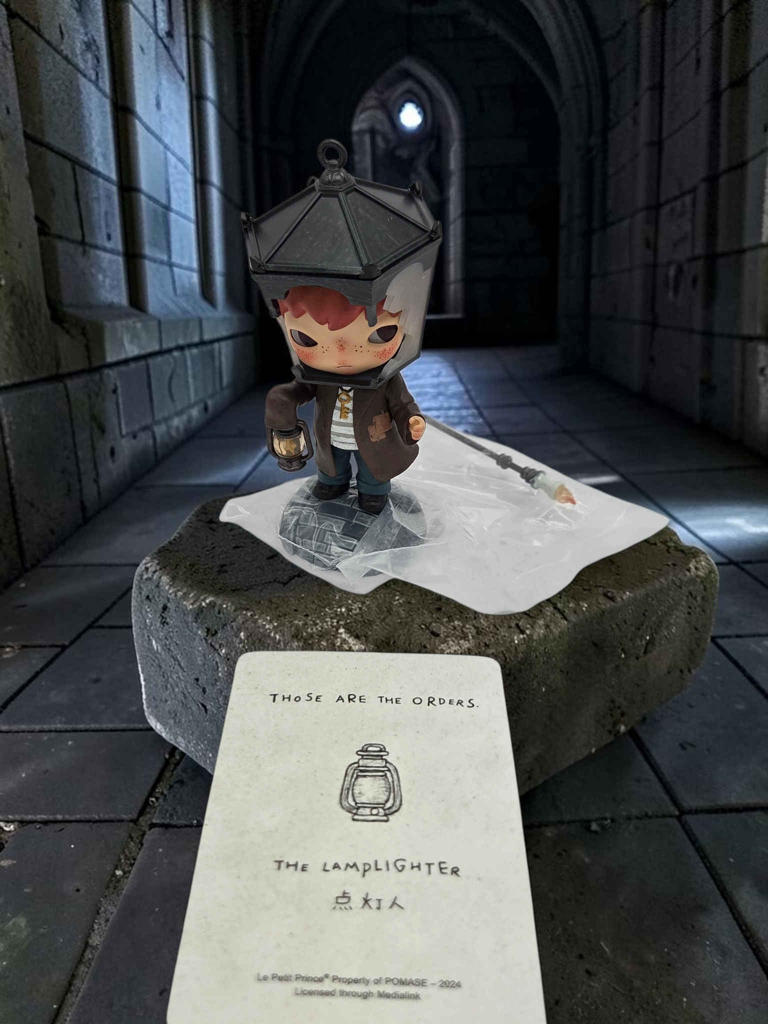 Momof2boyz Shop Popmart Hirono Le Petit Prince Lamplighter figure with character card on a stone pedestal