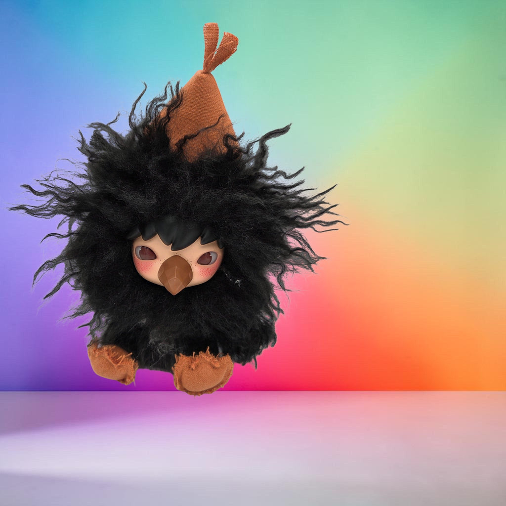 Momof2boyz Shop HIRONO Mist Walker art toy featuring a black faux-fur creature with a brown cone hat and bird beak.