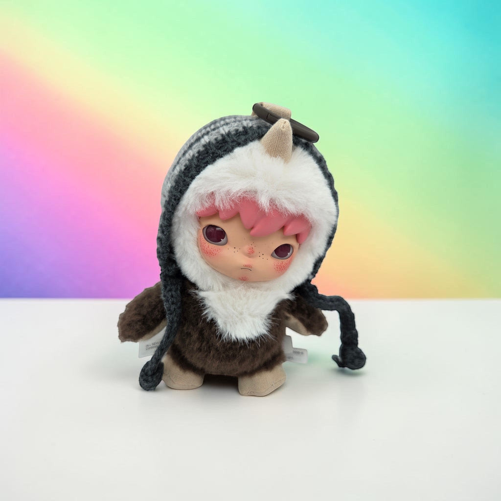 Momof2boyz Shop HIRONO Mist Walker art toy featuring a pink-haired figure in a grey and white faux-fur hooded coat.