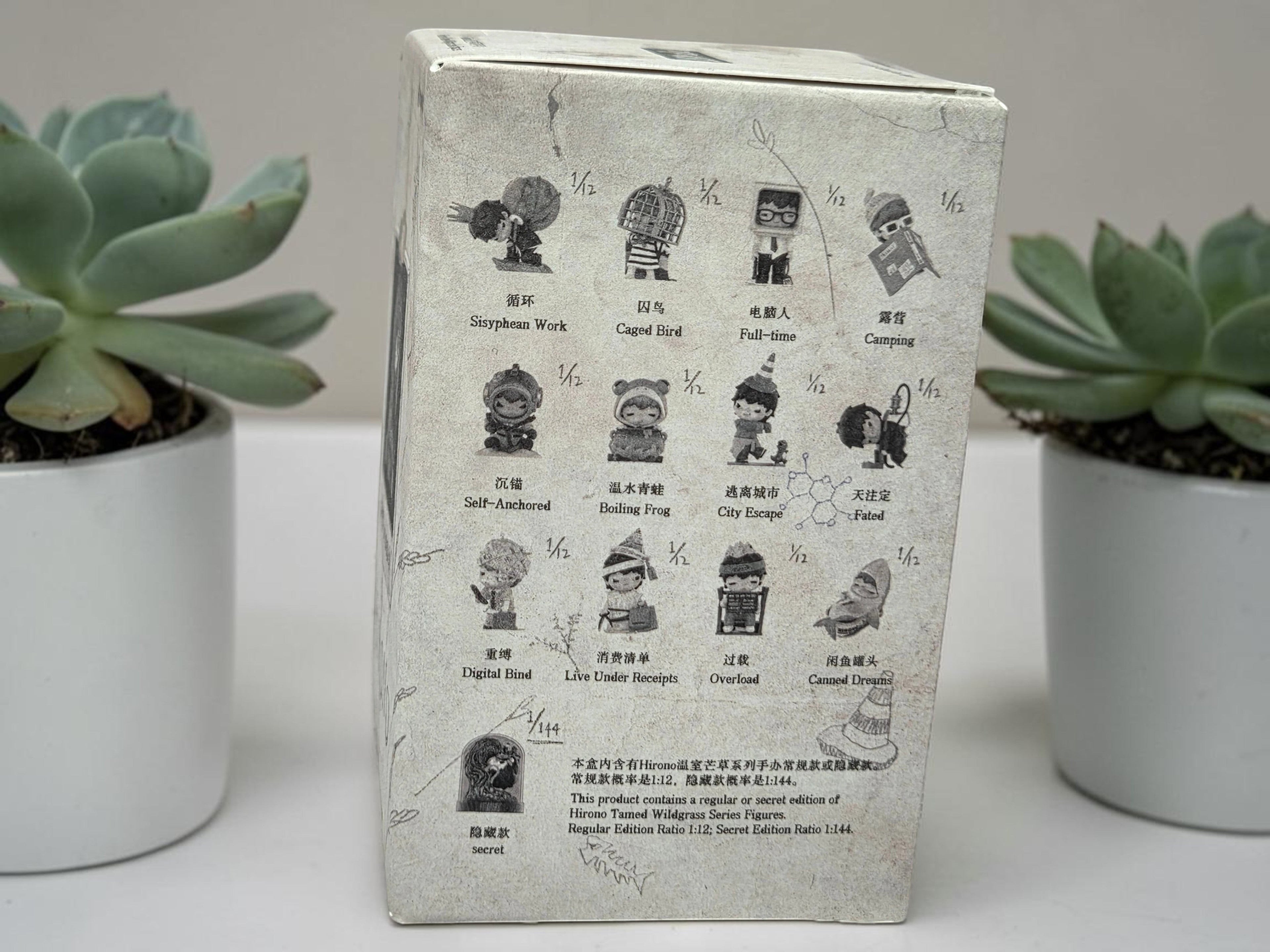 Momof2boyz Shop Hirono Tamed Wildgrass City Escape collectible figure packaging with various character illustrations.