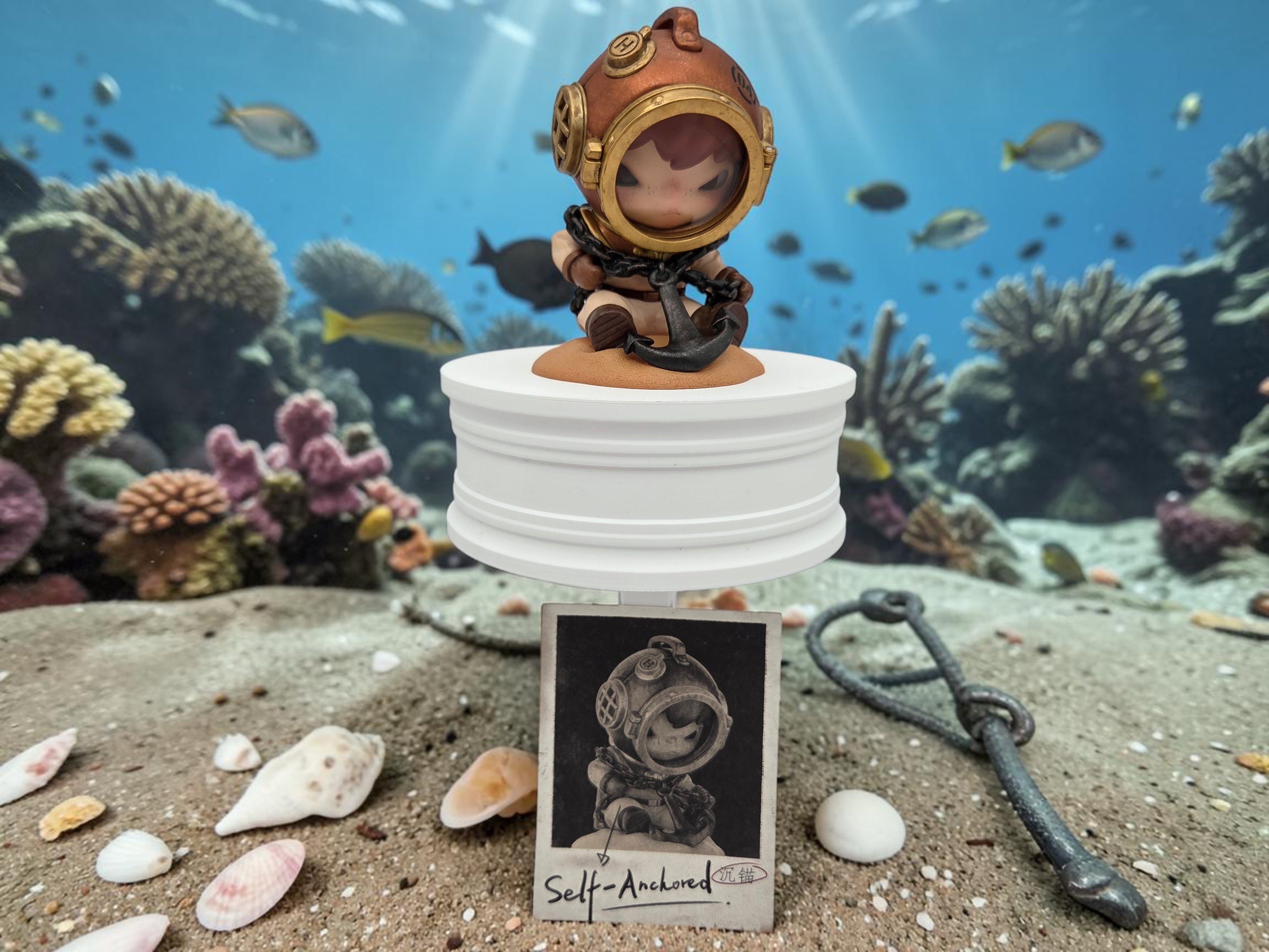 Momof2boyz Shop Hirono Tamed Wildgrass vinyl figure in a vintage diving helmet, holding an anchor. Underwater scene.