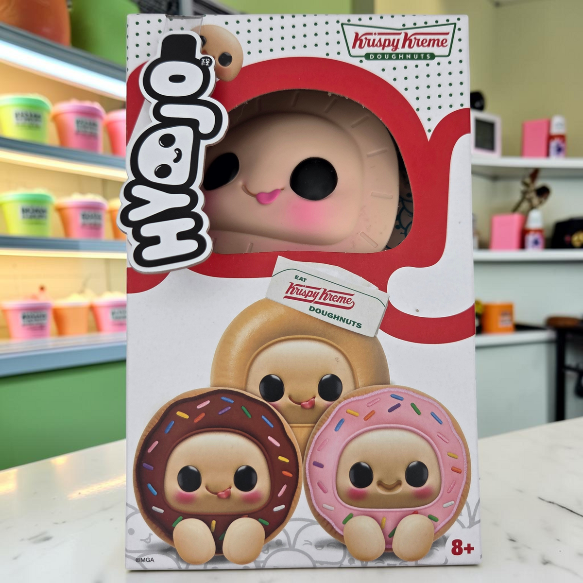 Momof2boyz Shop Hyejo collectible plush toy box featuring Krispy Kreme doughnut character designs with vinyl faces.