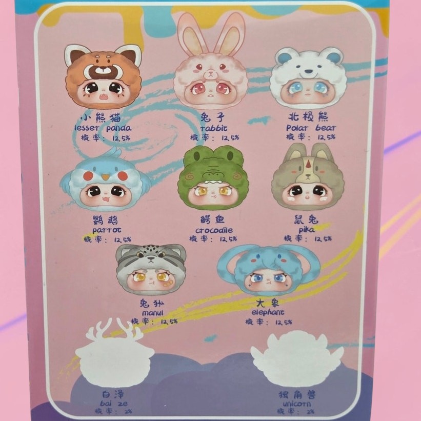Momof2boyz Shop Idol Plush First Gen animal collection chart showing various cute character designs in a blind box