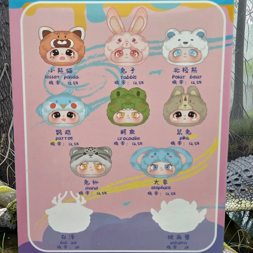 Momof2boyz Shop Idol Plush First Gen animal collection poster featuring a green crocodile character illustration