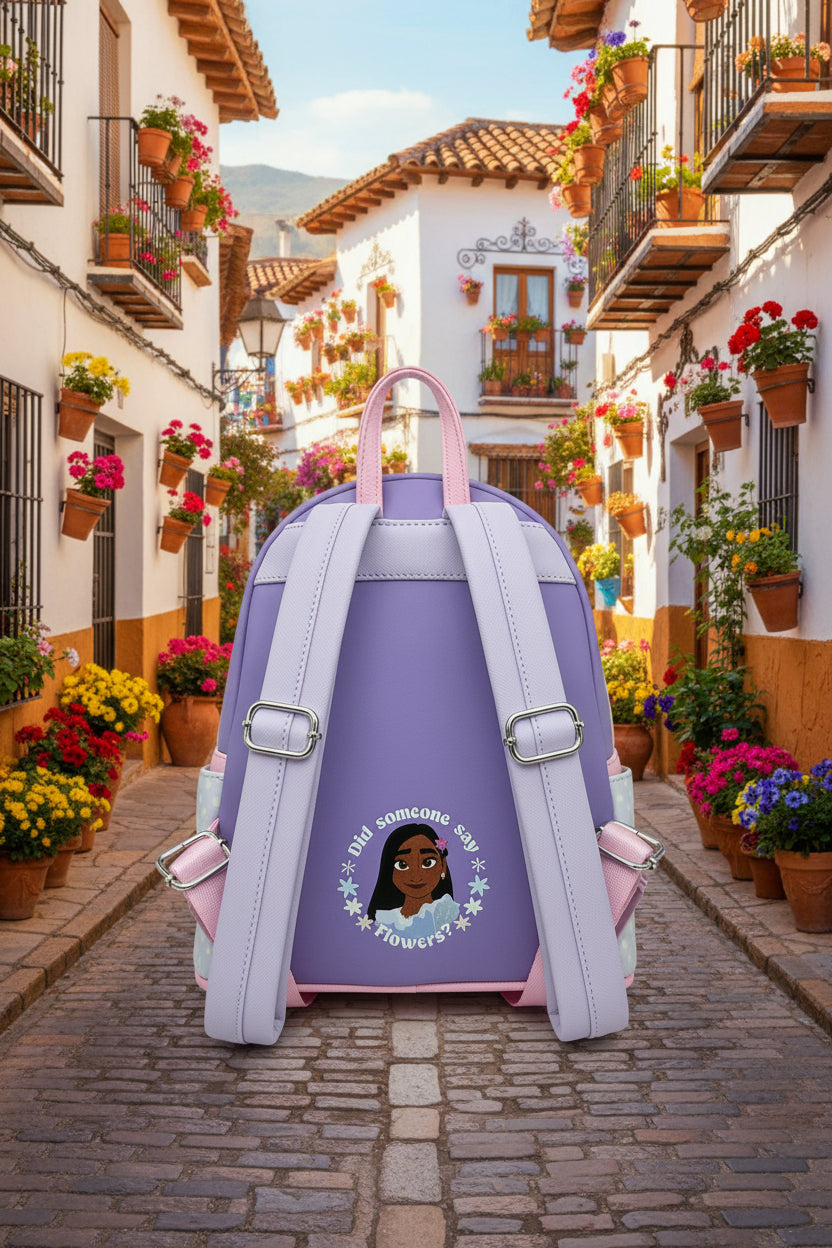 Back view of Momof2boyz Shop Disney Encanto Isabela mini backpack in lavender vegan leather with floral graphic