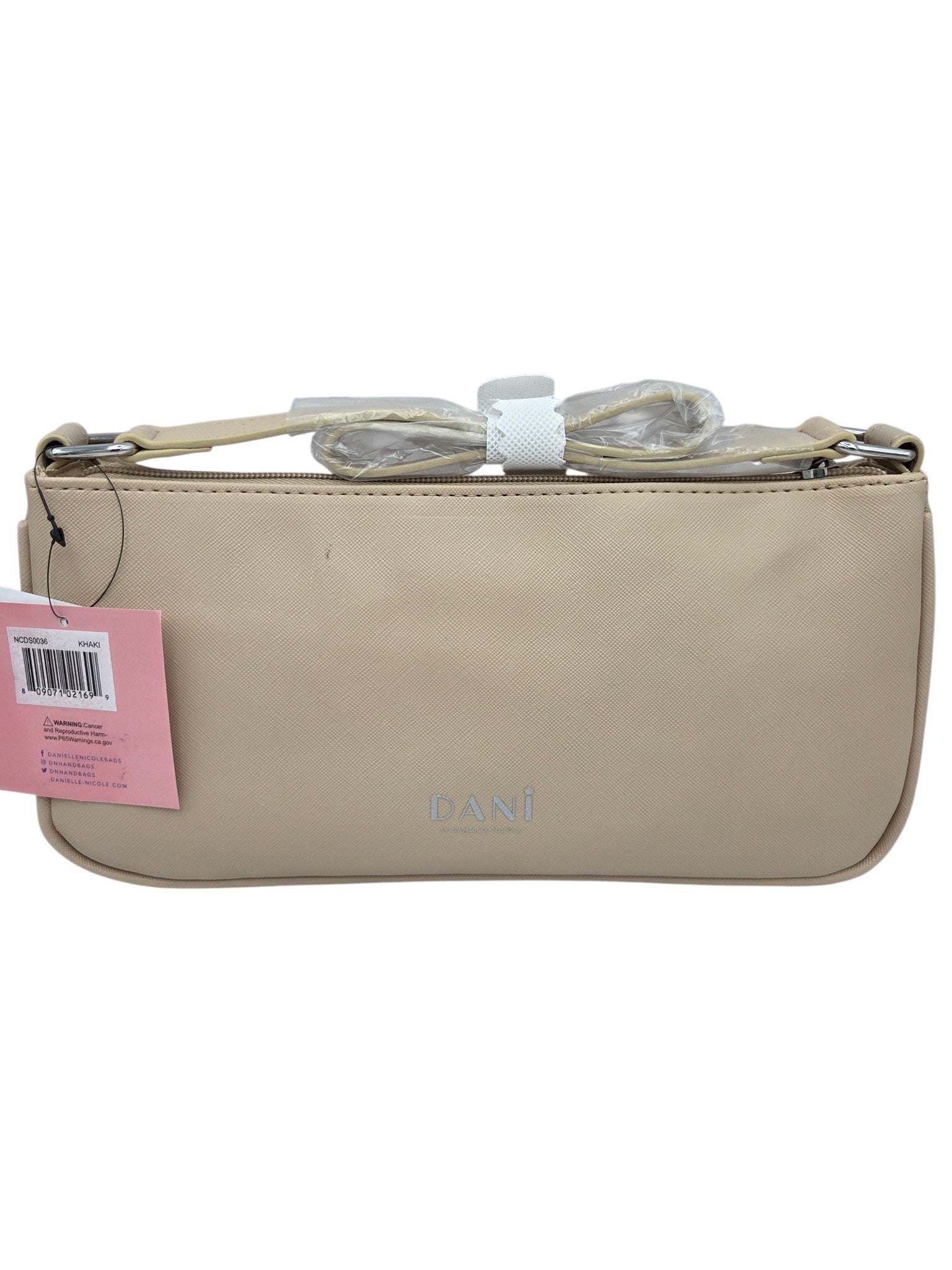Momof2boyz Shop Danielle Nicole Belle khaki faux leather shoulder bag with embossed logo and adjustable strap