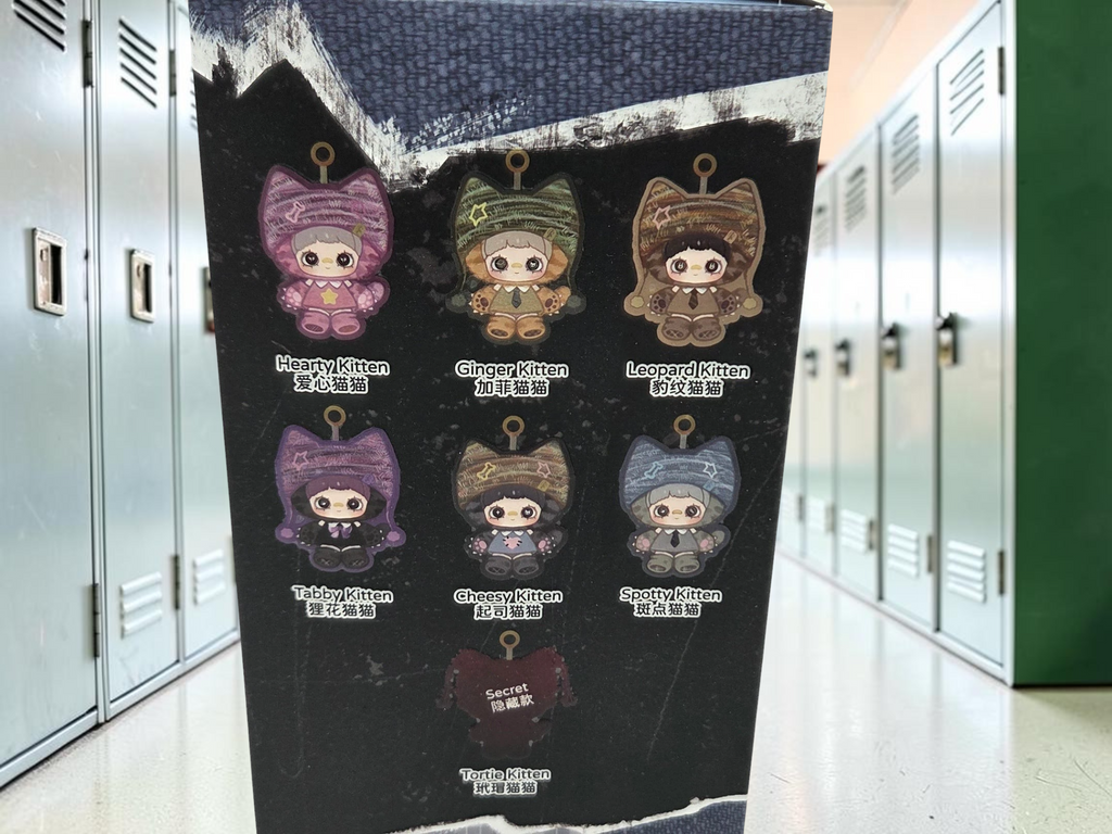 Momof2boyz Shop Maymei Kitten Academy blind box collection featuring various kitten character designs on display