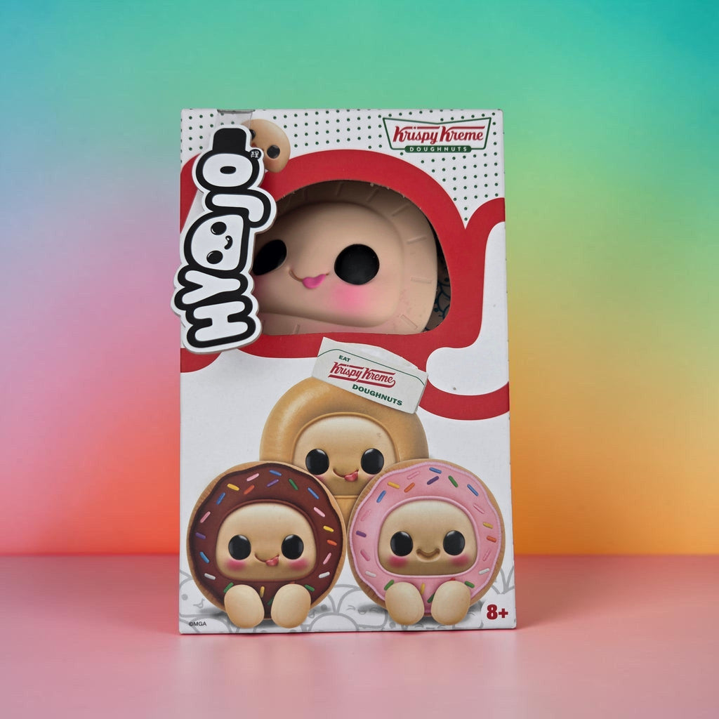Momof2boyz Shop Krispy Kreme doughnut collectible plush toy in branded window display box with cute character design.