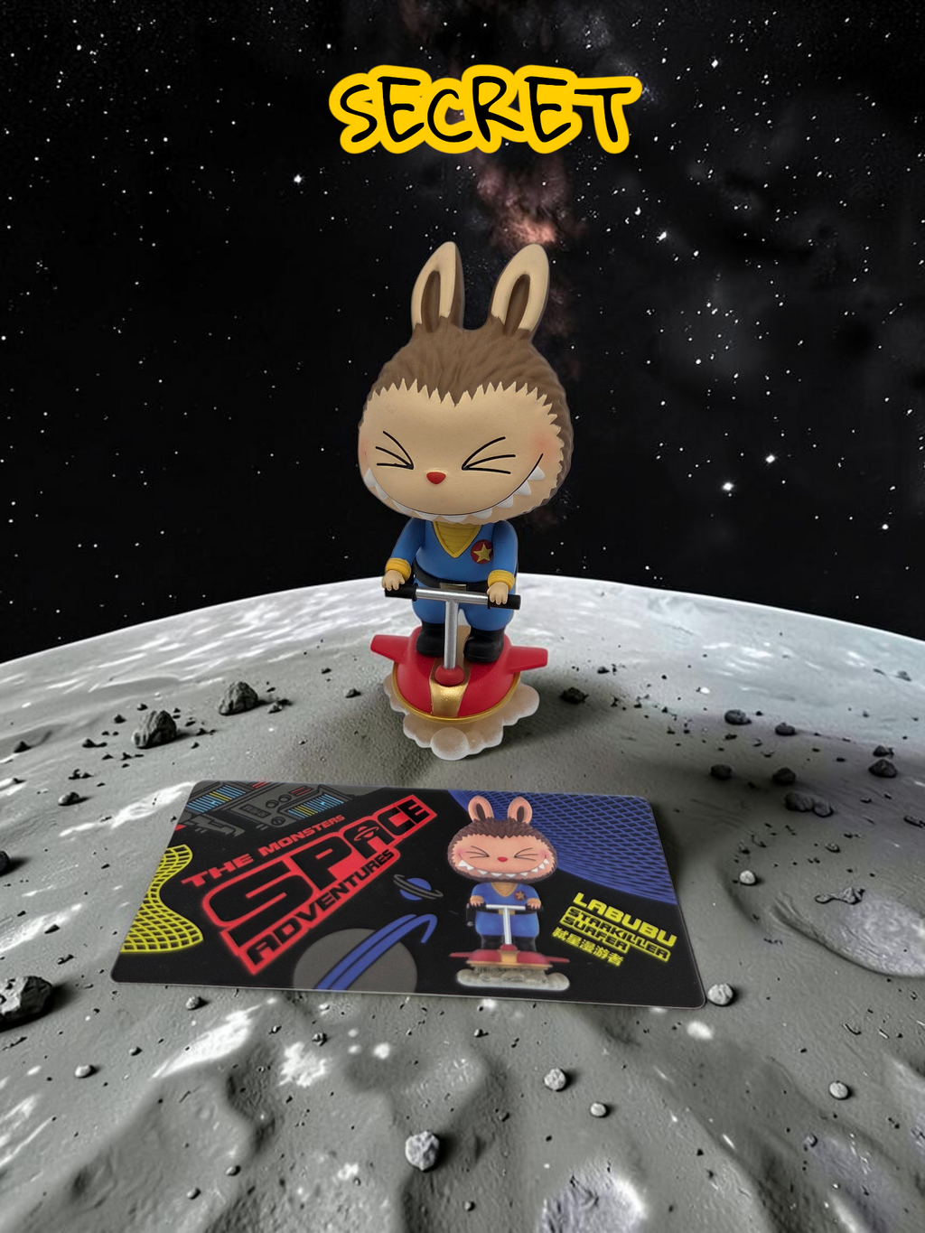Momof2boyz Shop The Monster's Space Adventure Labubu figure riding a red hoverboard on a moon surface with card