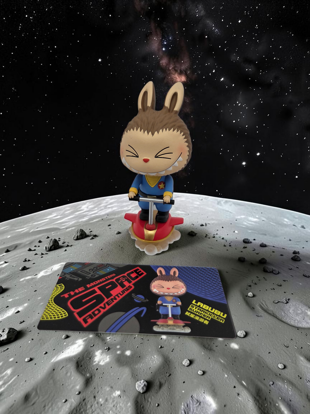 Momof2boyz Shop Labubu space adventure action figure on a hoverboard with a matching collectible card on the moon