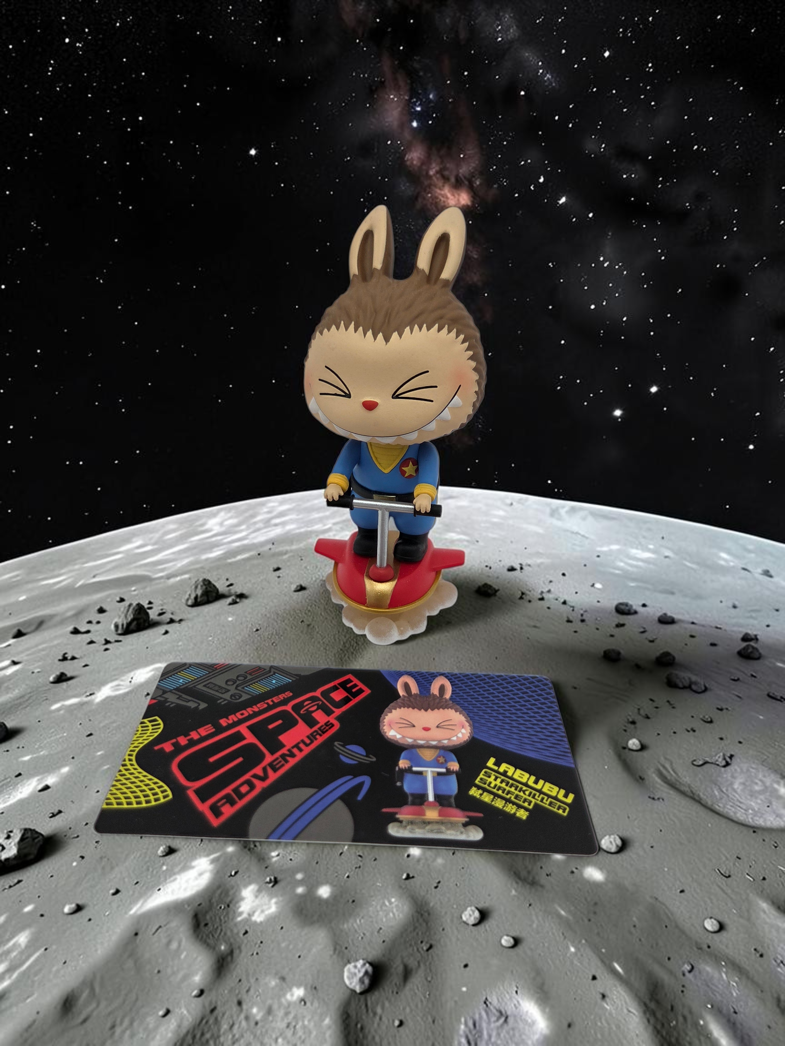 Momof2boyz Shop Labubu space adventure action figure on a hoverboard with a matching collectible card on the moon