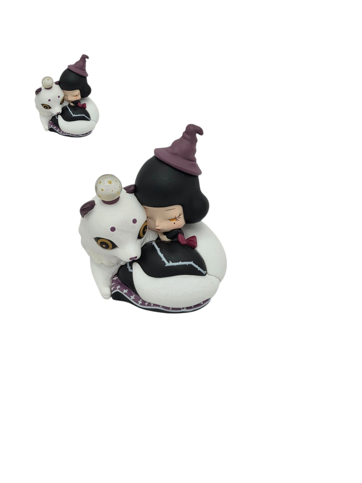Momof2boyz Shop Lilith Magic Club art toy featuring a girl in a witch hat hugging a white fox-like creature