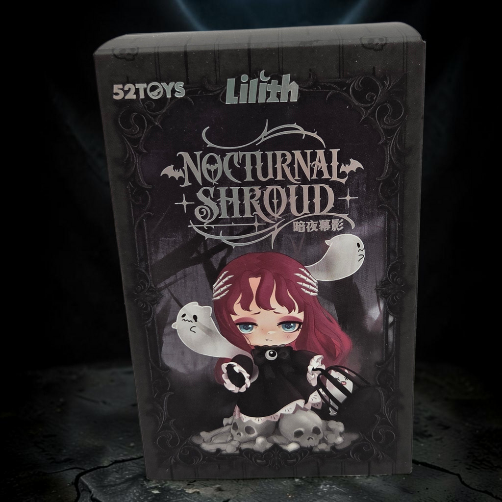 Momof2boyz Shop 52TOYS Lilith Nocturnal Shroud blind box featuring a gothic chibi figure with ghosts and skulls