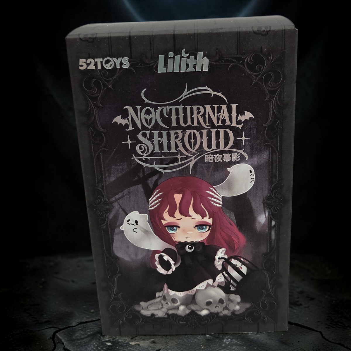 Momof2boyz Shop 52TOYS Lilith Nocturnal Shroud blind box featuring a gothic chibi figure with ghosts and skulls