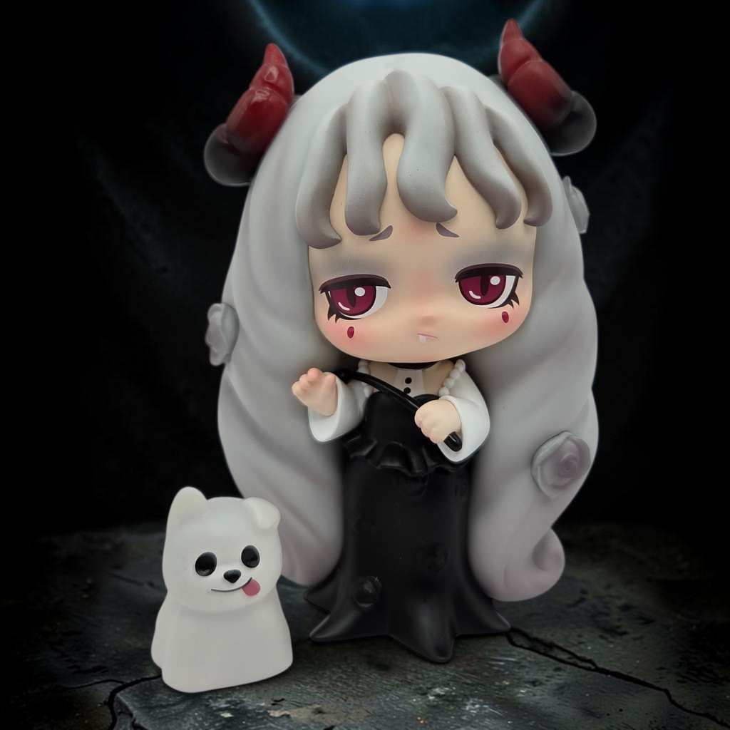 Momof2boyz Shop 52TOYS Lilith Nocturnal Shroud chibi figure with grey hair, red horns, and a small white ghost pet.