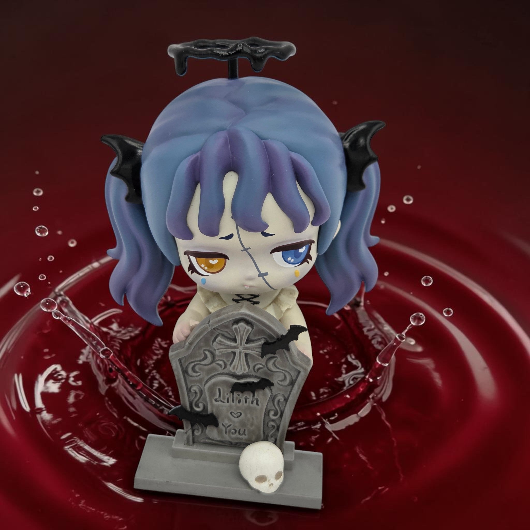 Momof2boyz Shop 52TOYS Lilith Nocturnal Shroud collectible figure with blue hair, bat wings, and a tombstone base.