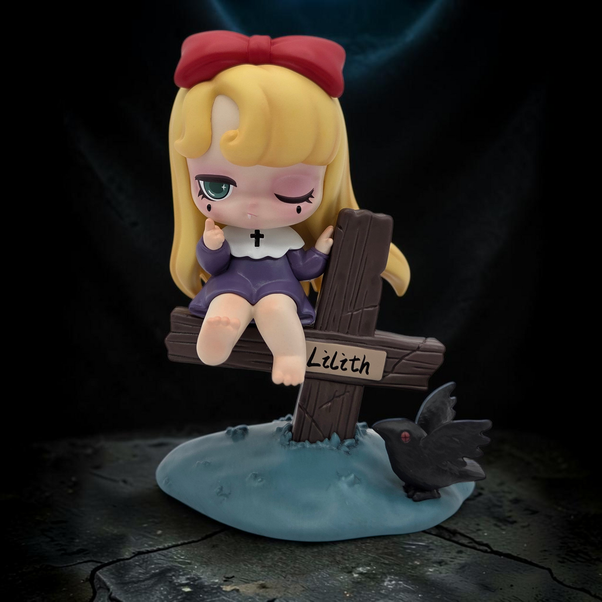 Momof2boyz Shop 52TOYS Lilith Nocturnal Shroud collectible figure featuring a blonde girl sitting on a wooden cross