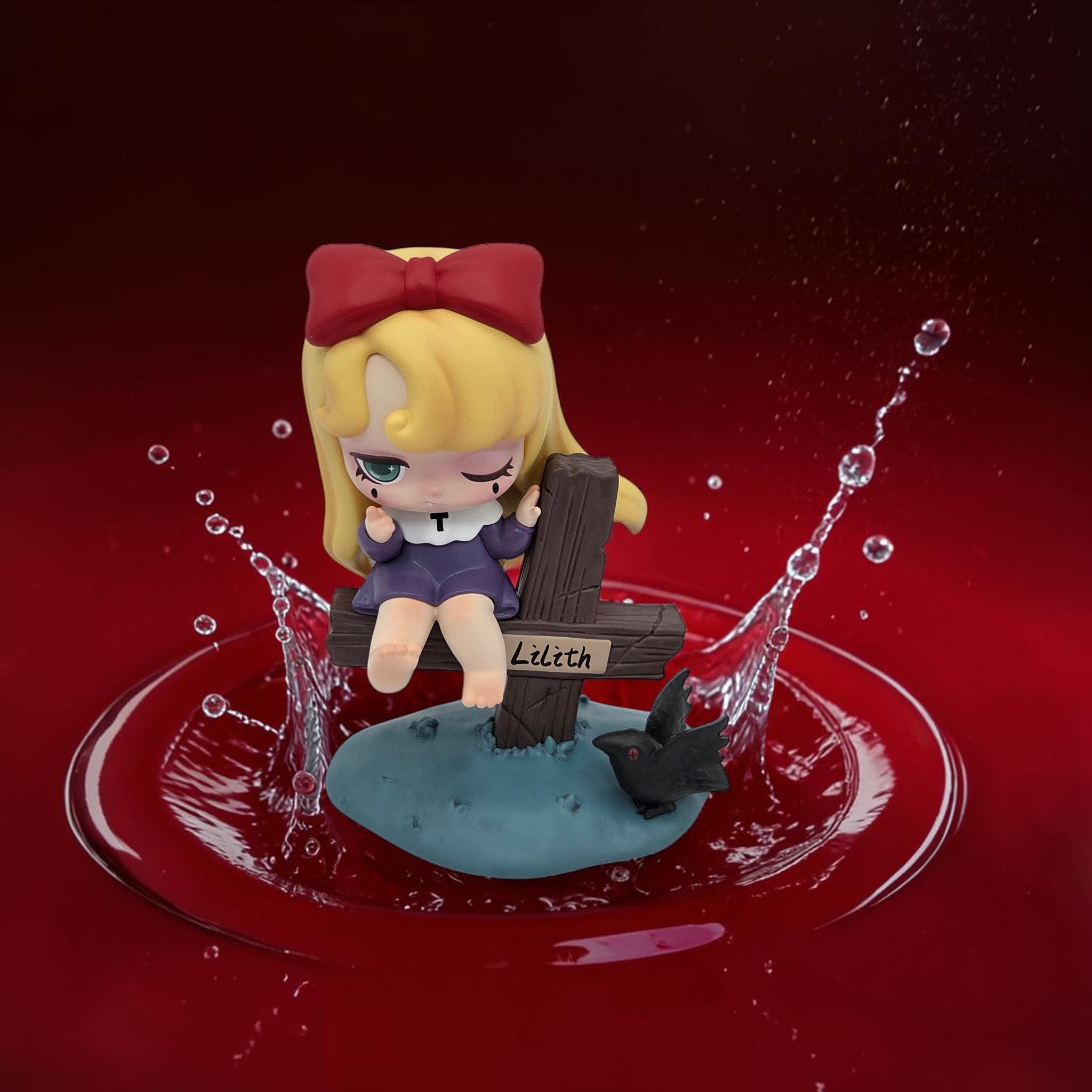 Momof2boyz Shop 52TOYS Lilith Nocturnal Shroud figure featuring a blonde girl with a red bow sitting on a wooden cross