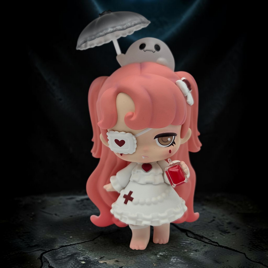 Momof2boyz Shop 52TOYS Lilith Nocturnal Shroud collectible figure with pink hair, white dress, and ghost umbrella.